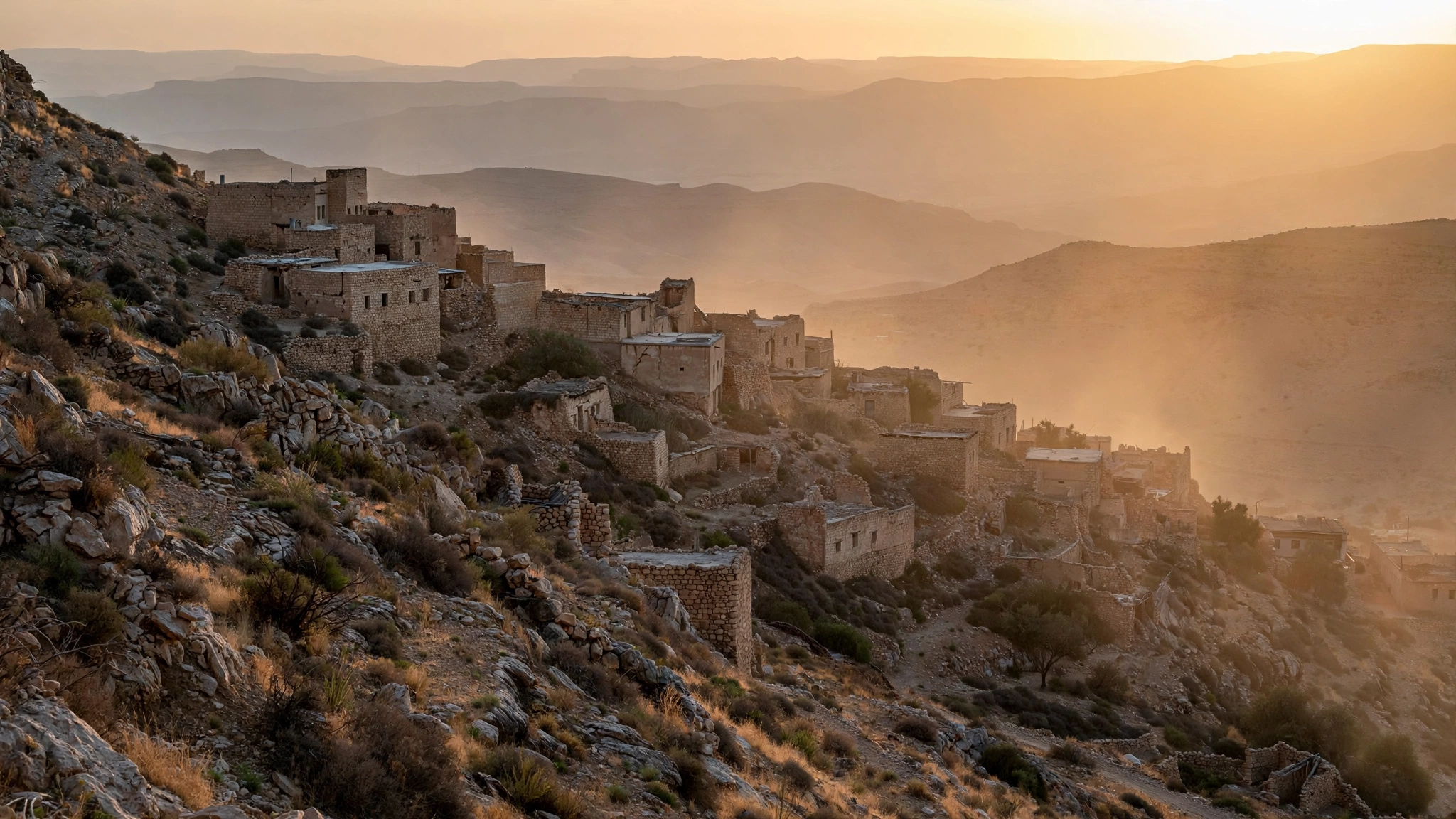 Stone houses of a hillside village in the Jordanian highlands at sunset