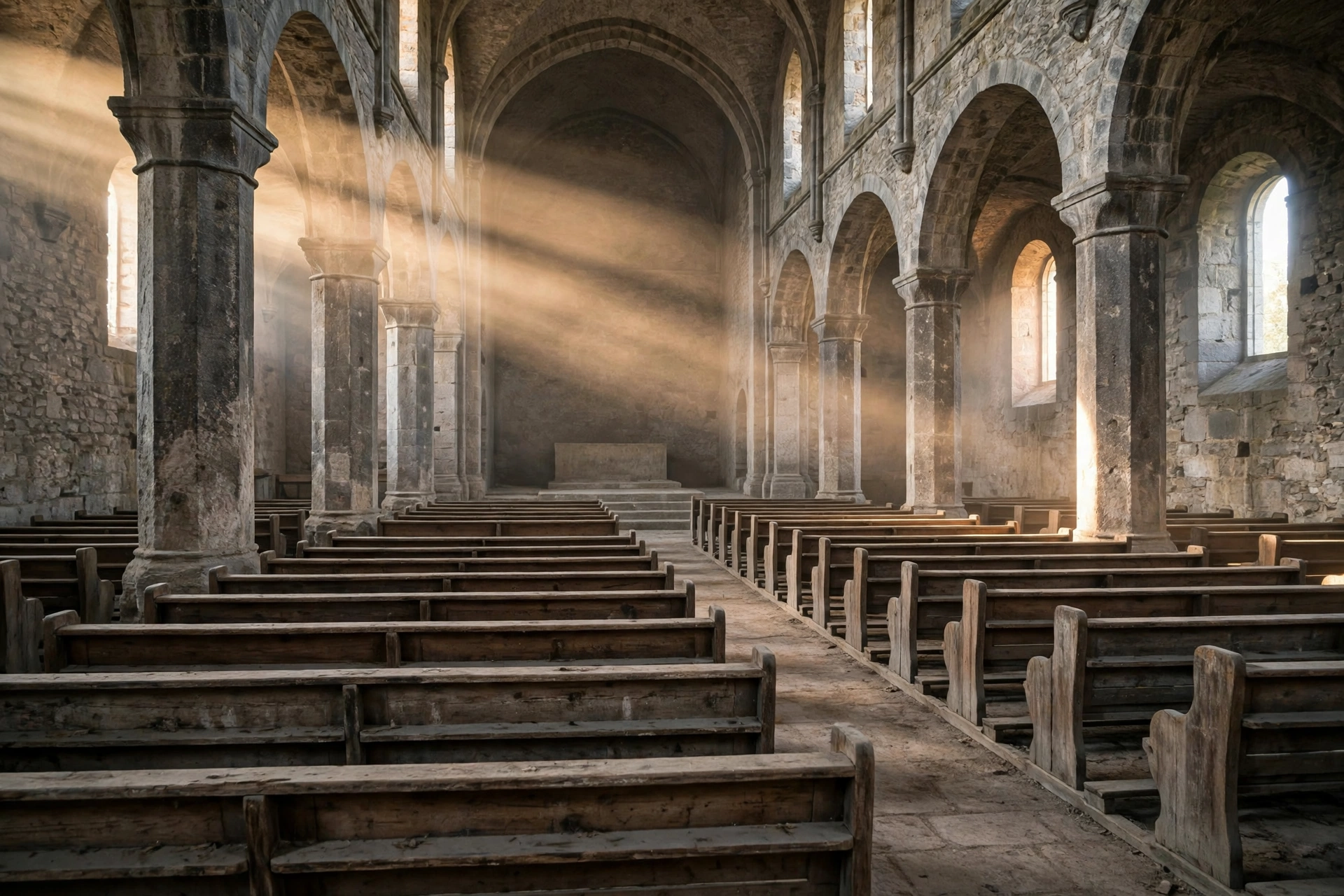 Interior of an old stone church with wooden pews and light through arched windows