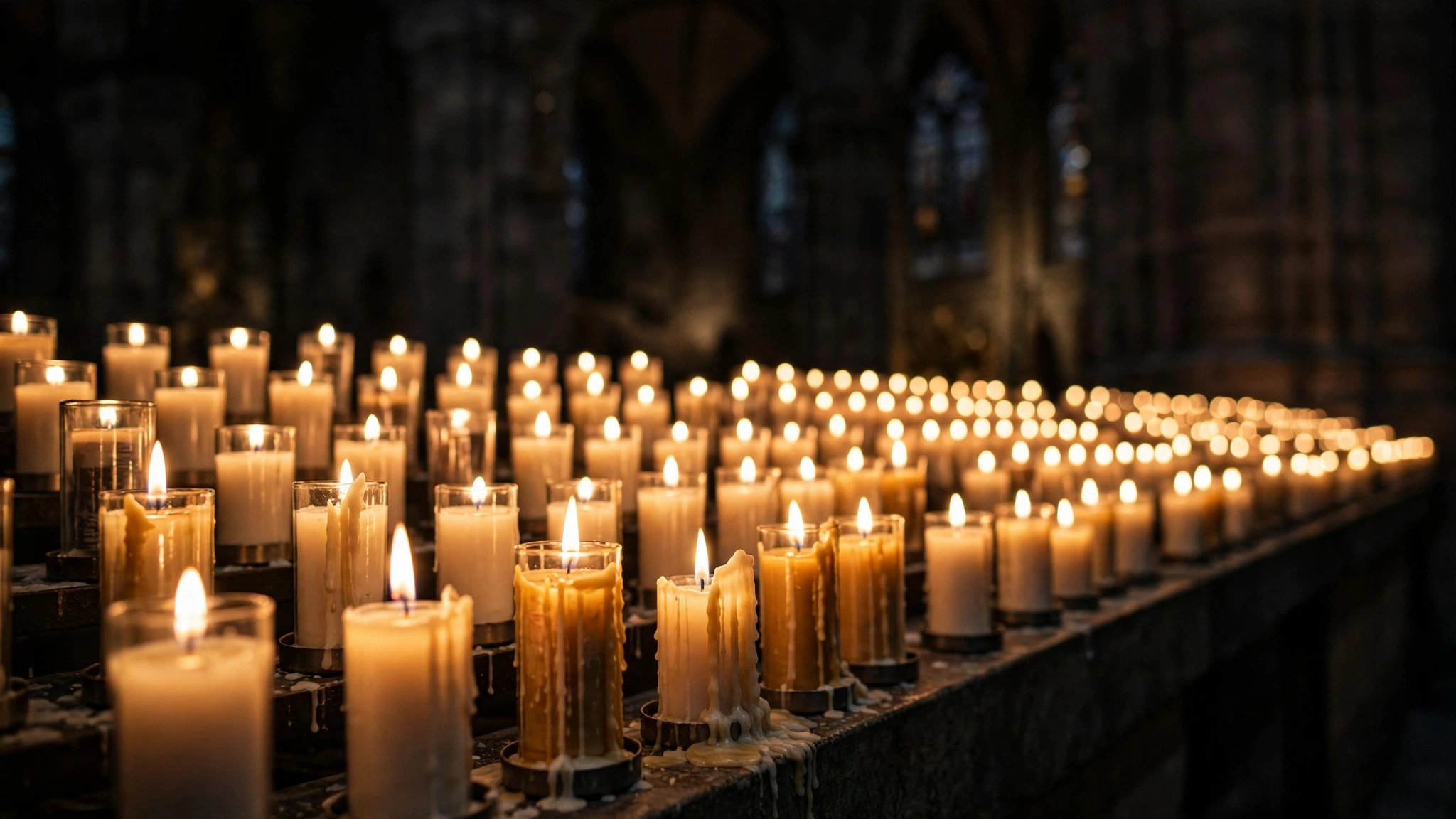 Rows of lit candles inside a dark church