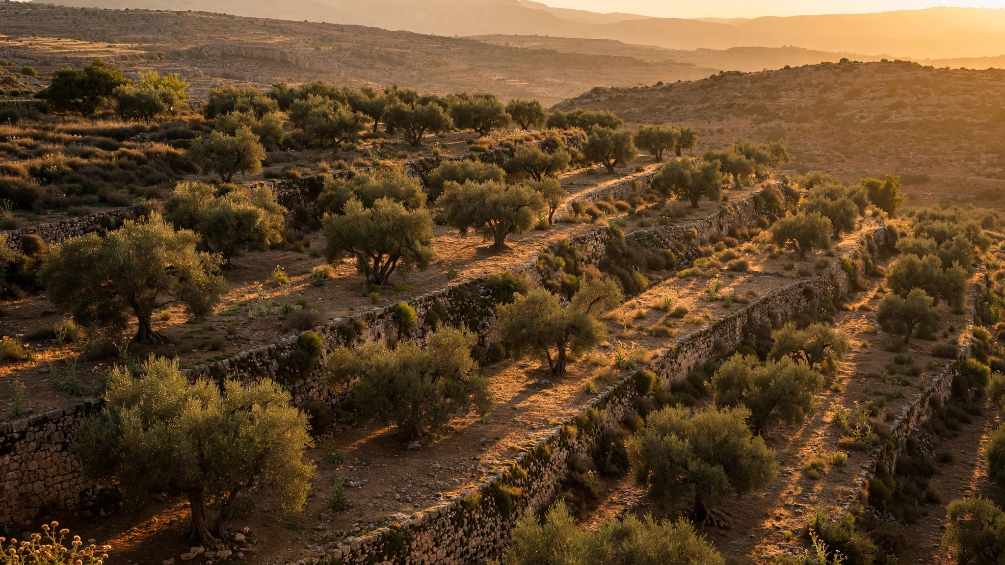 Olive trees on ancient stone terraces on a Middle Eastern hillside at golden hour