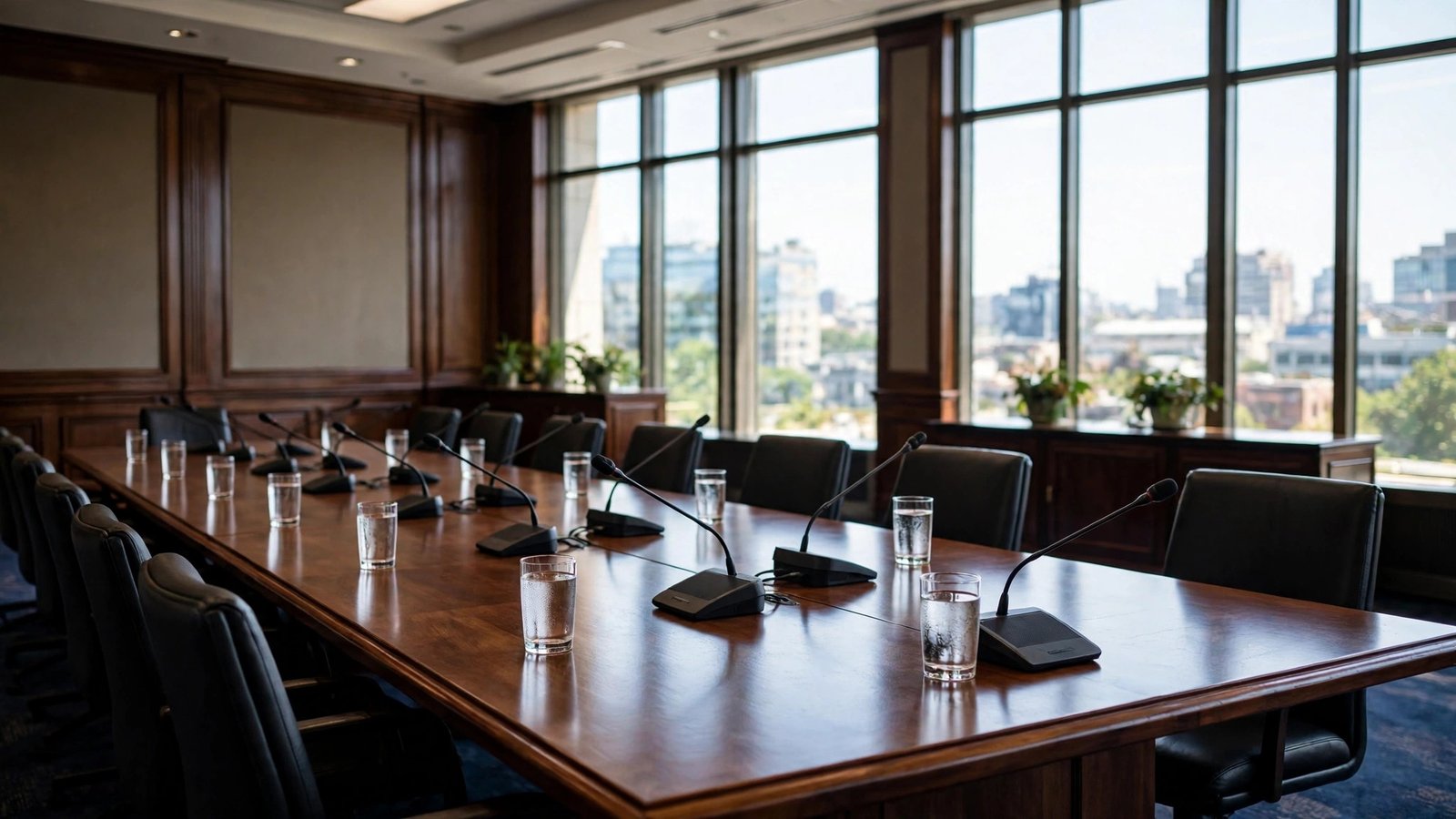 An empty conference room with a long table set for diplomatic talks