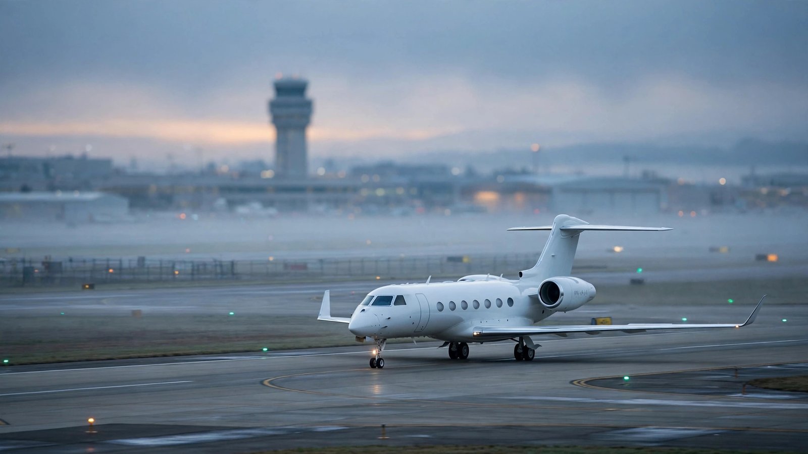 A private jet taxis on an airport runway at dawn