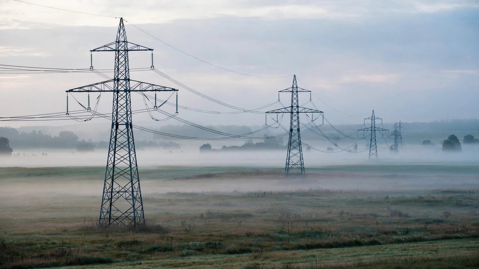 High-voltage transmission towers carrying power lines across a field at dawn