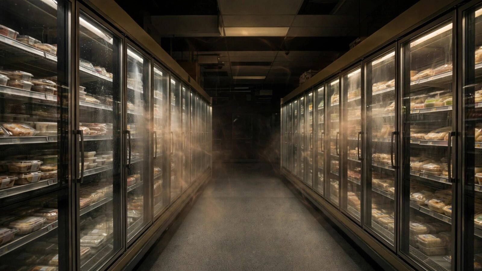 A supermarket refrigerated aisle at night, glass-door coolers glowing with a heat haze in the air.