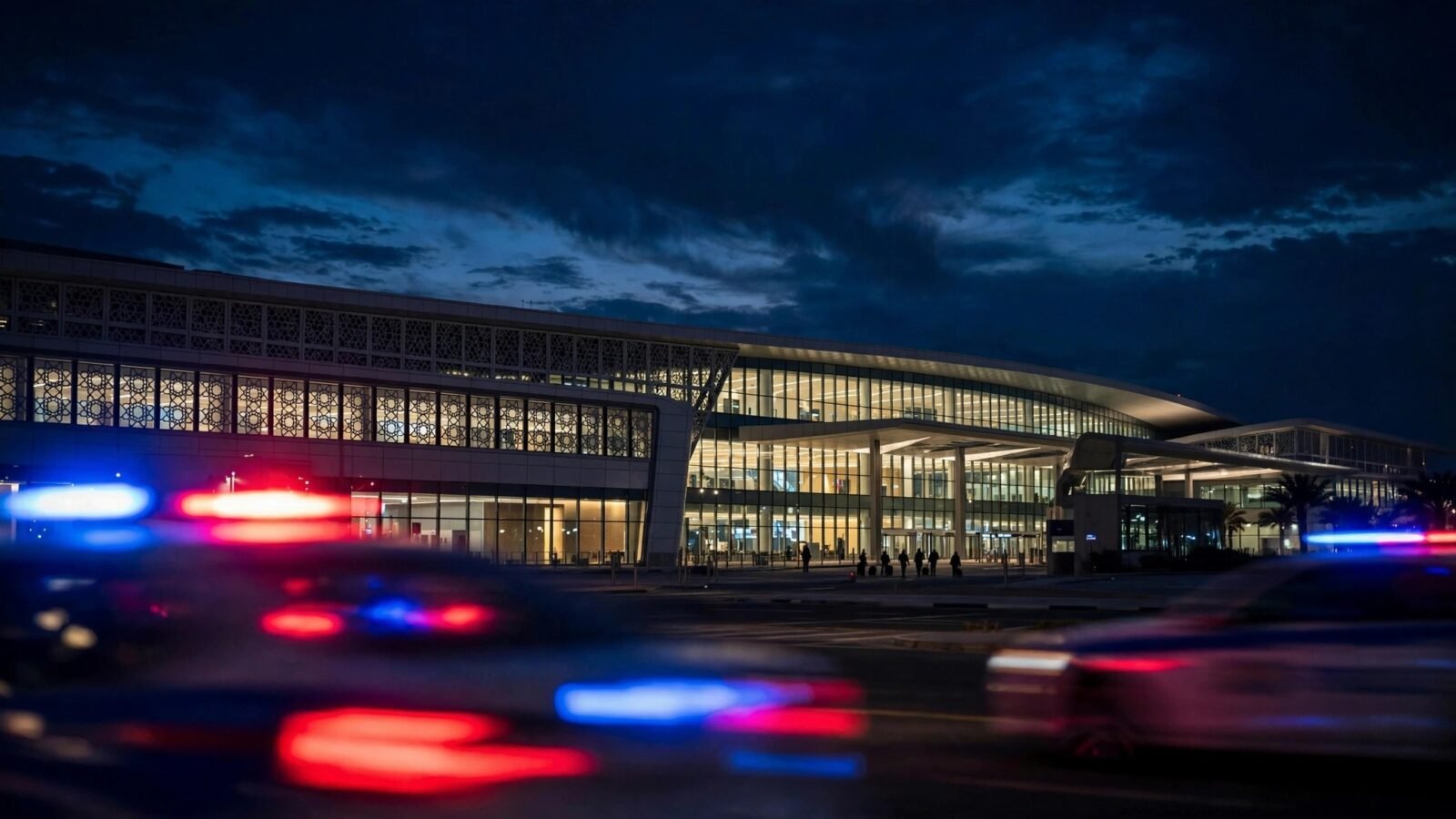 Riyadh's King Khalid International Airport terminal exterior at night with flashing emergency vehicle lights in the foreground