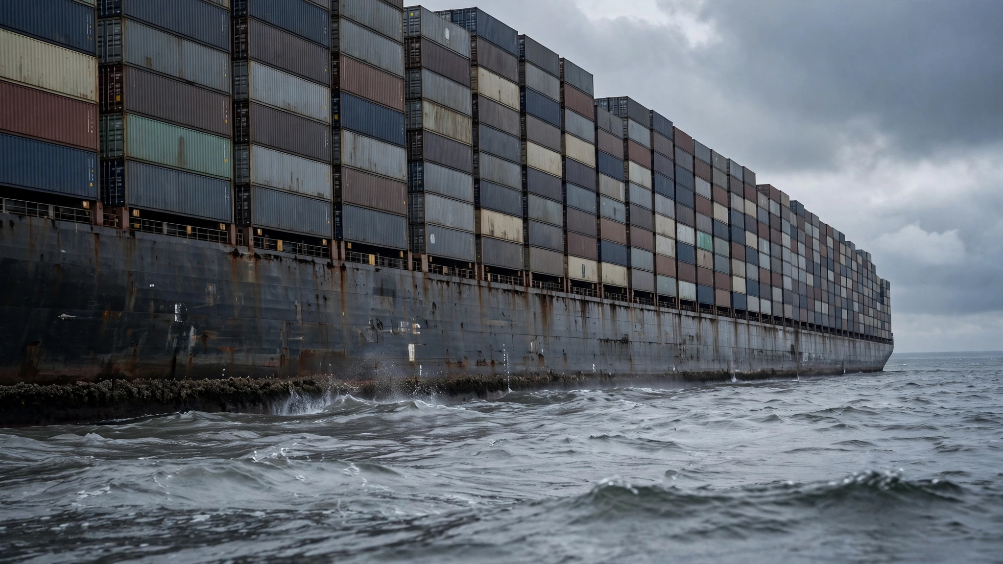 The hull of a container ship with stacked shipping containers seen from the waterline at sea