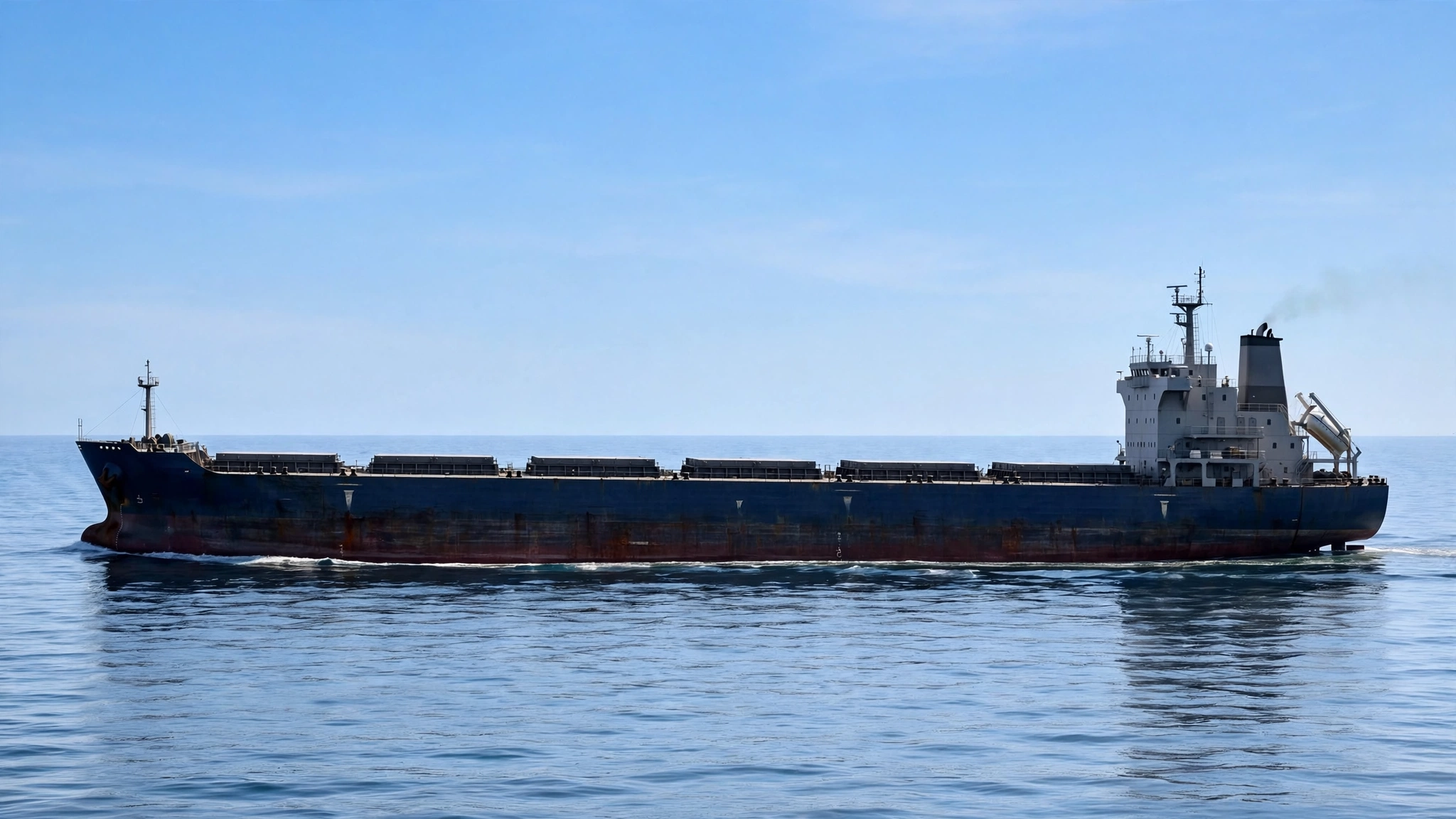 A dry bulk carrier cargo ship sailing on open water under a clear sky