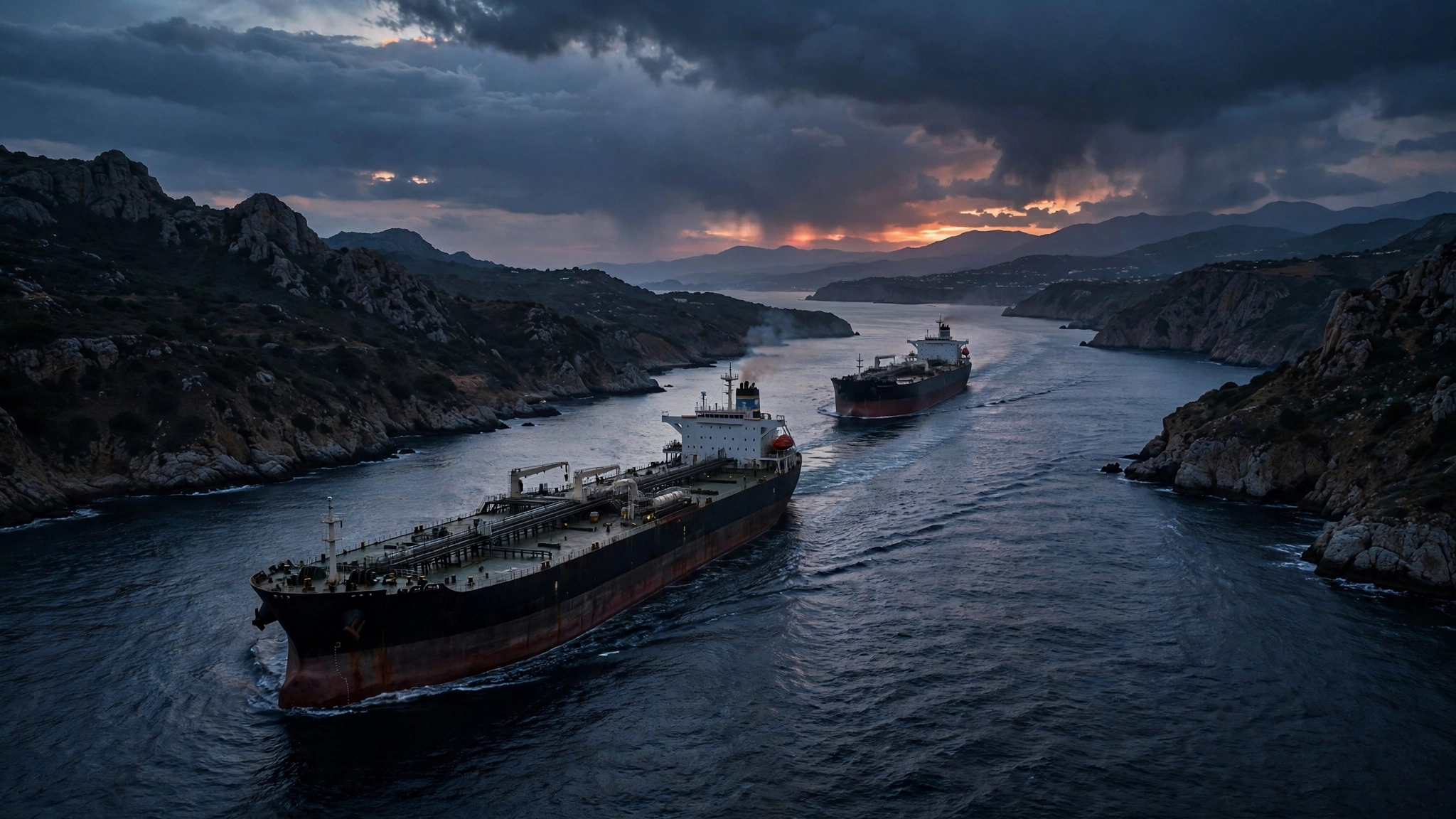 Oil tankers transiting a narrow strait at dusk
