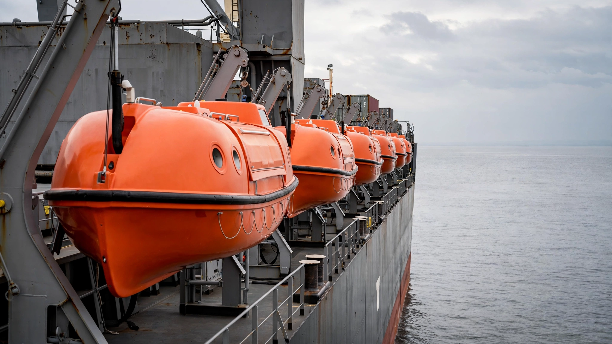 Orange lifeboats lined on the deck of a cargo ship at sea