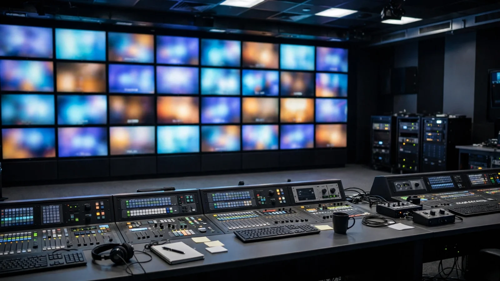 A television broadcast control room with rows of glowing monitors and empty desks