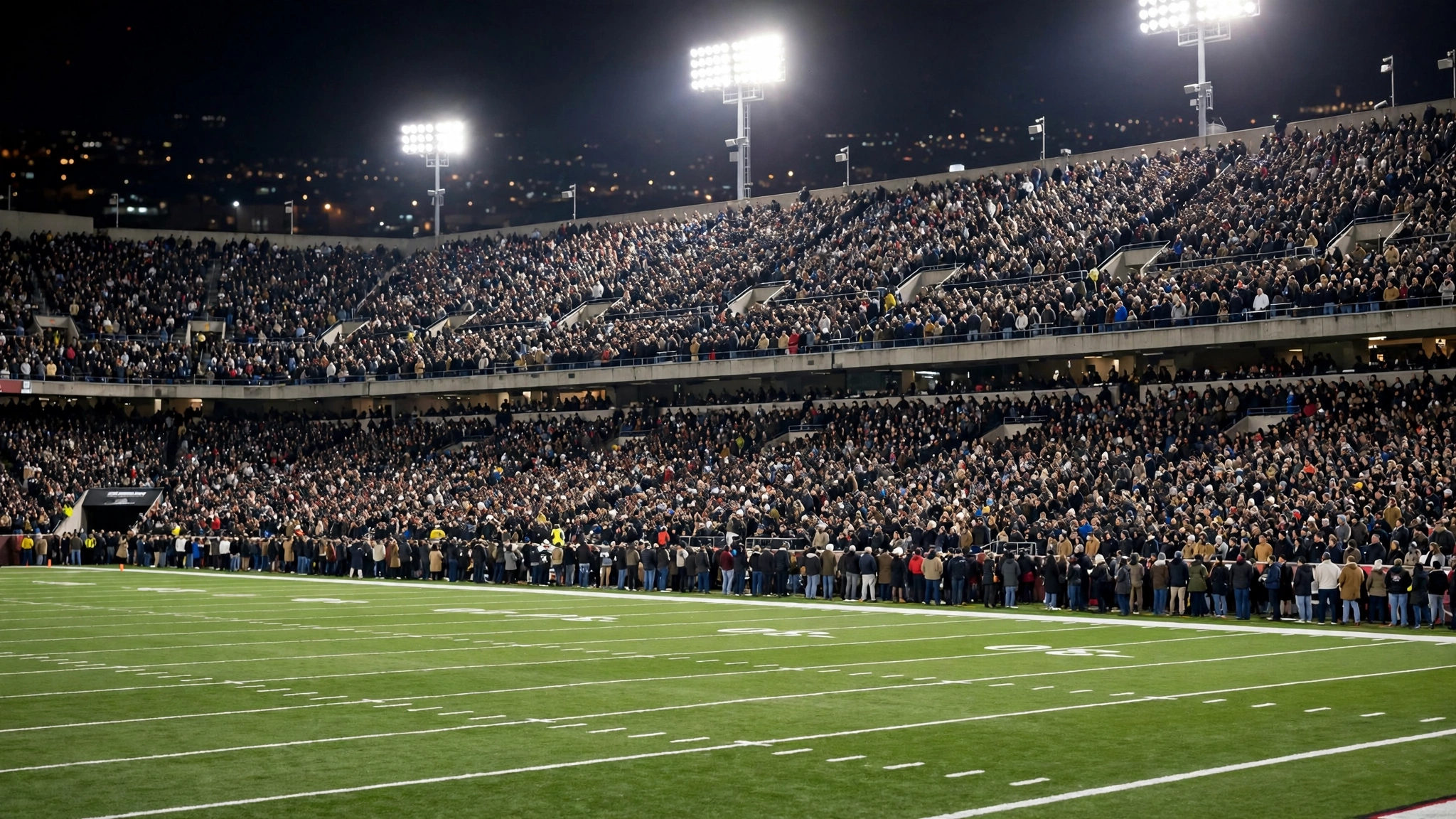 A packed American football stadium at night under floodlights