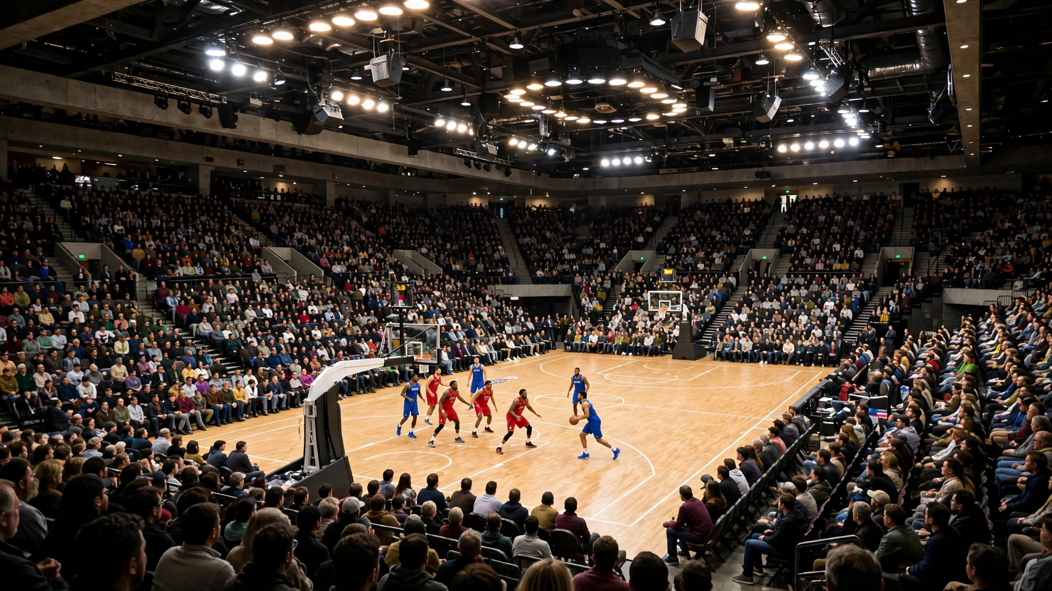 A basketball arena during a game with players on the court