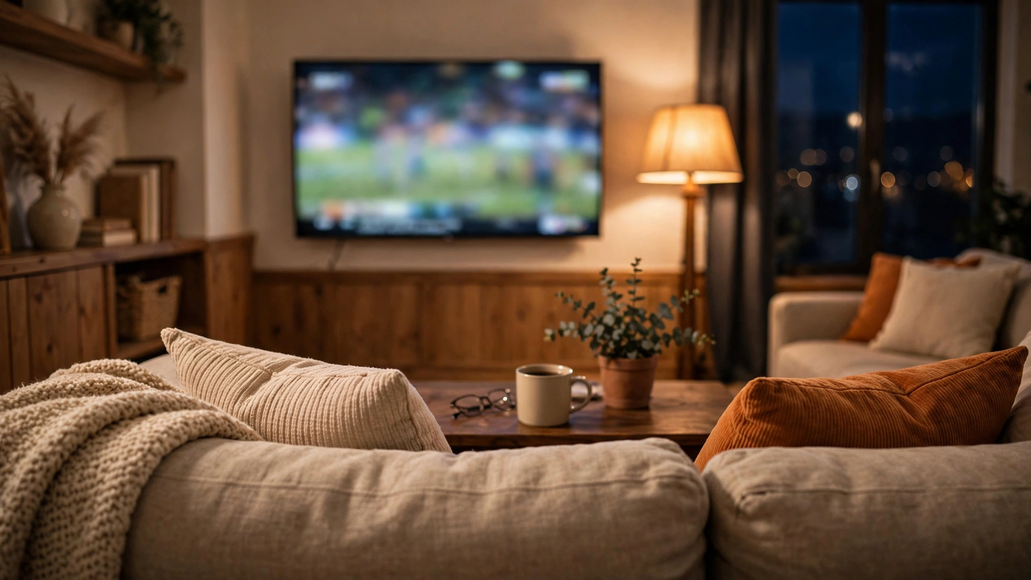 A living room with a flat-screen television showing a sports broadcast