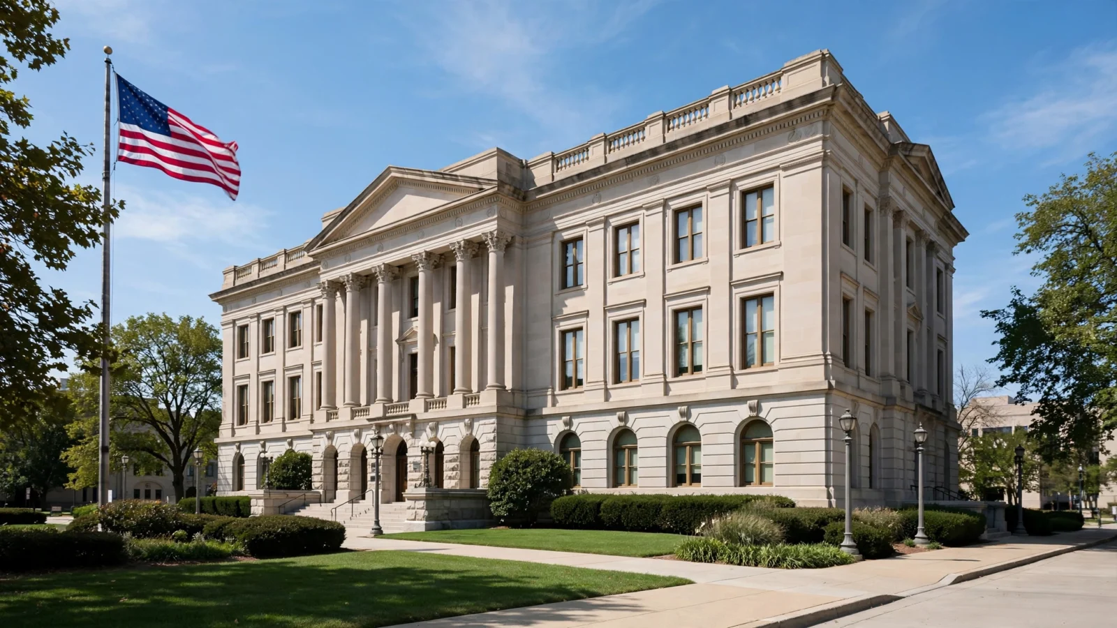 A state government office building with an American flag flying on a sunny day
