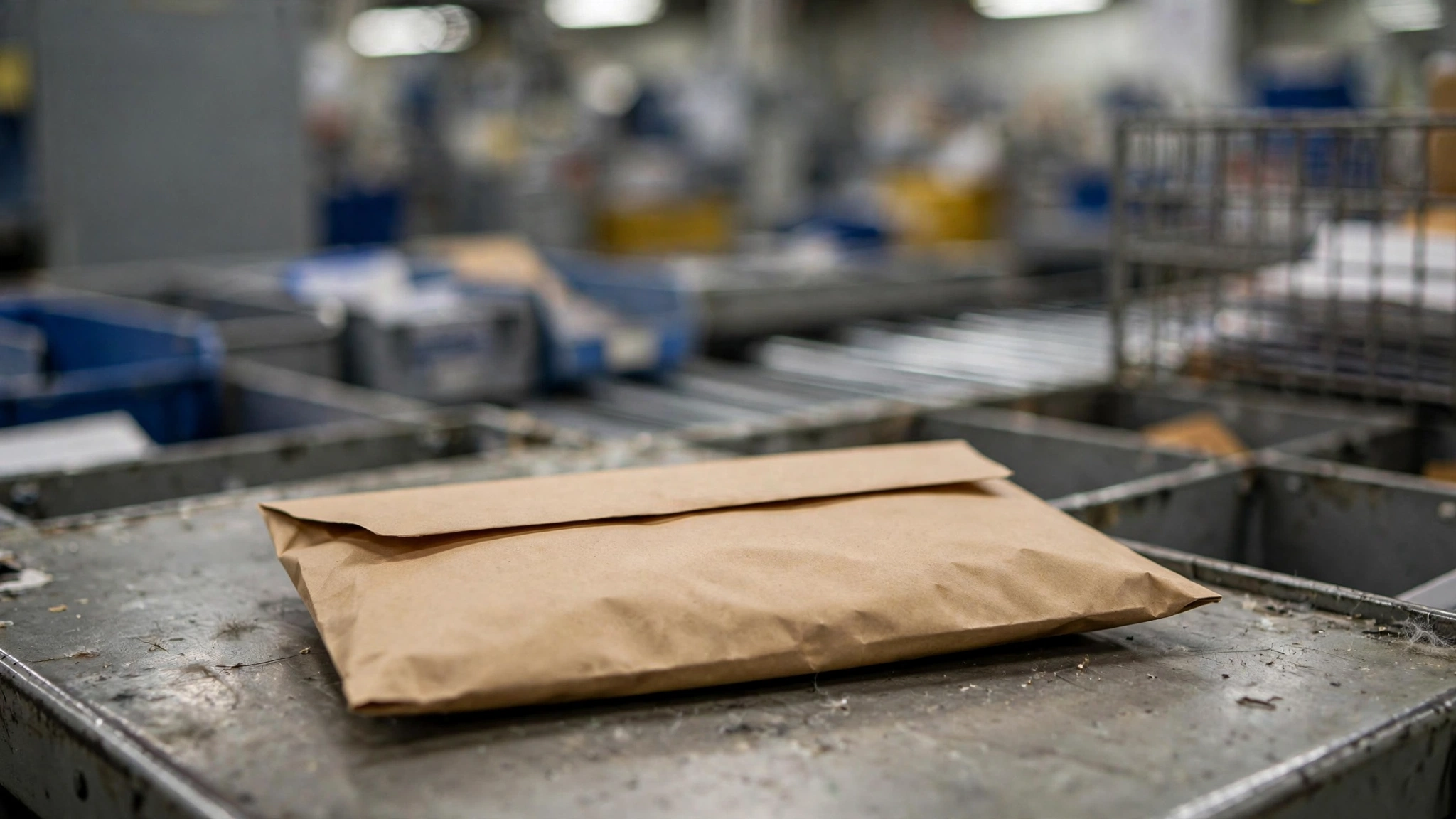 A sealed brown envelope on a mail sorting desk in a postal processing facility