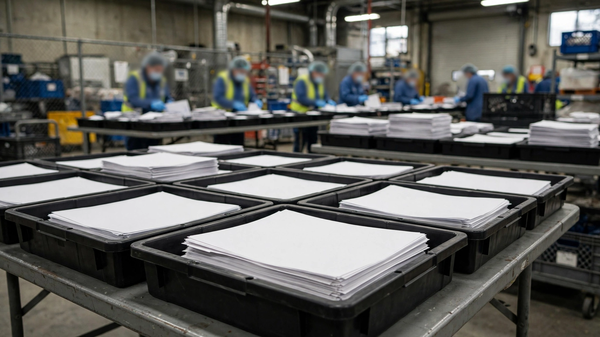 Election workers process paper ballots in trays inside a ballot counting facility