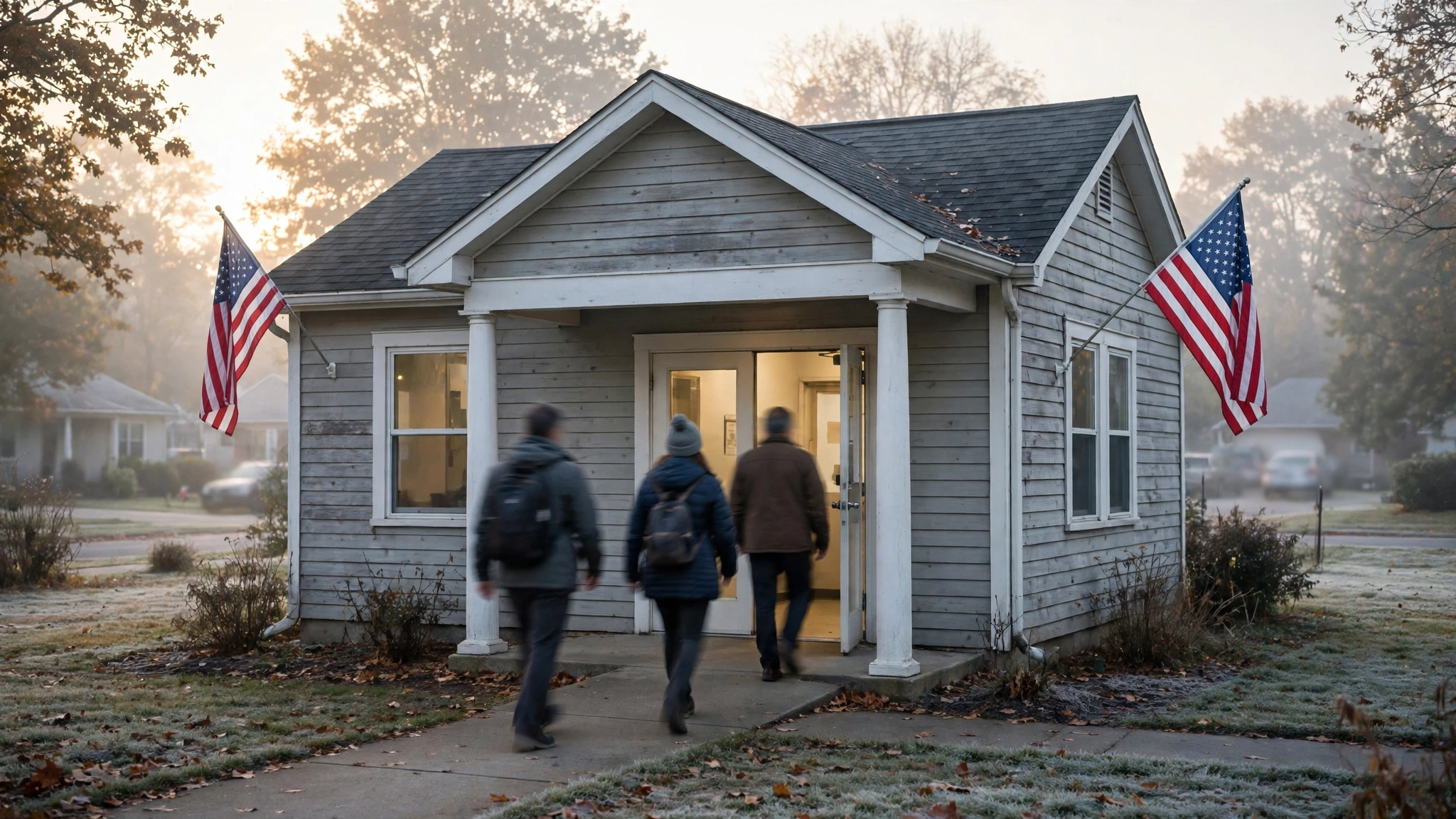 Three anonymous voters walk toward a small polling place building with American flags in the early morning