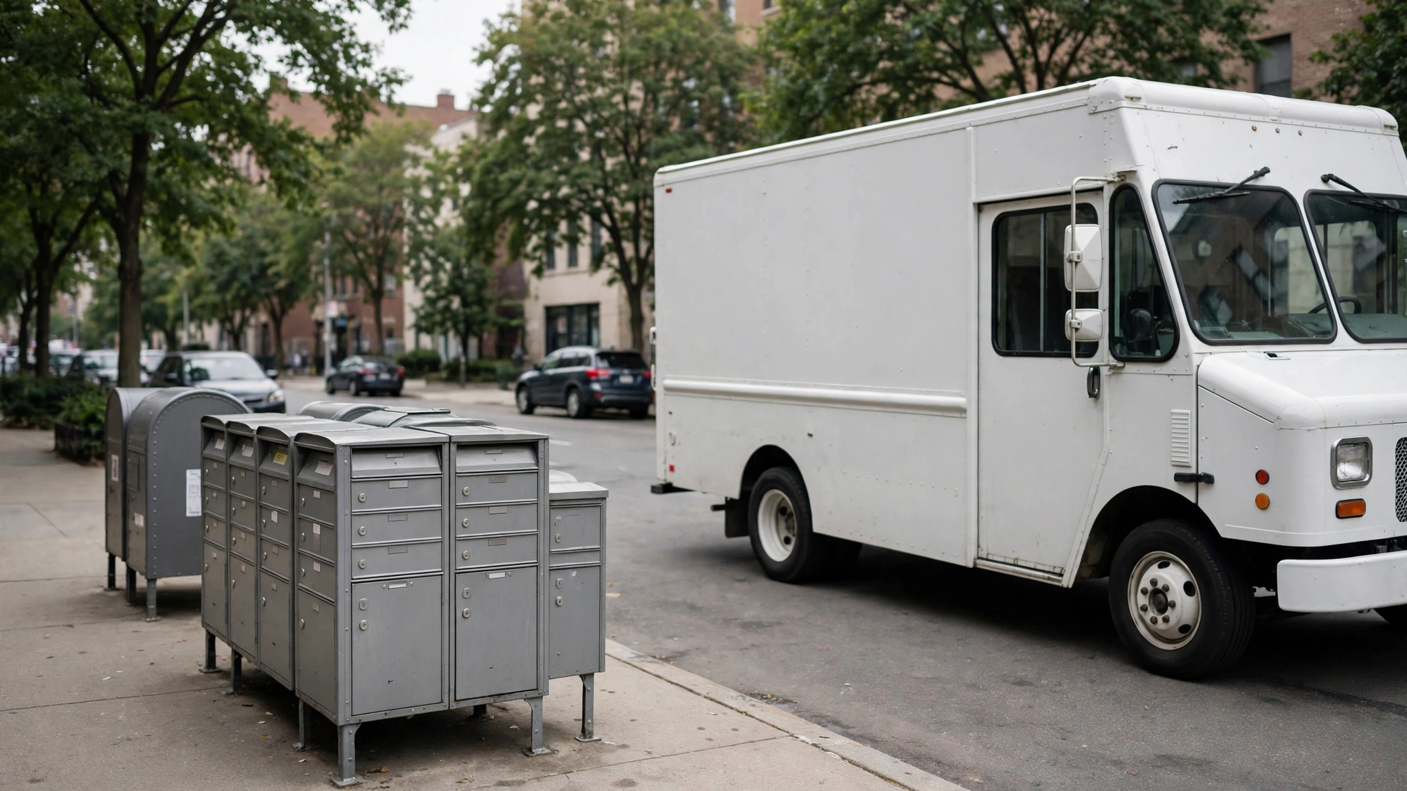 A white postal delivery truck parked next to neighborhood mailboxes on a city street