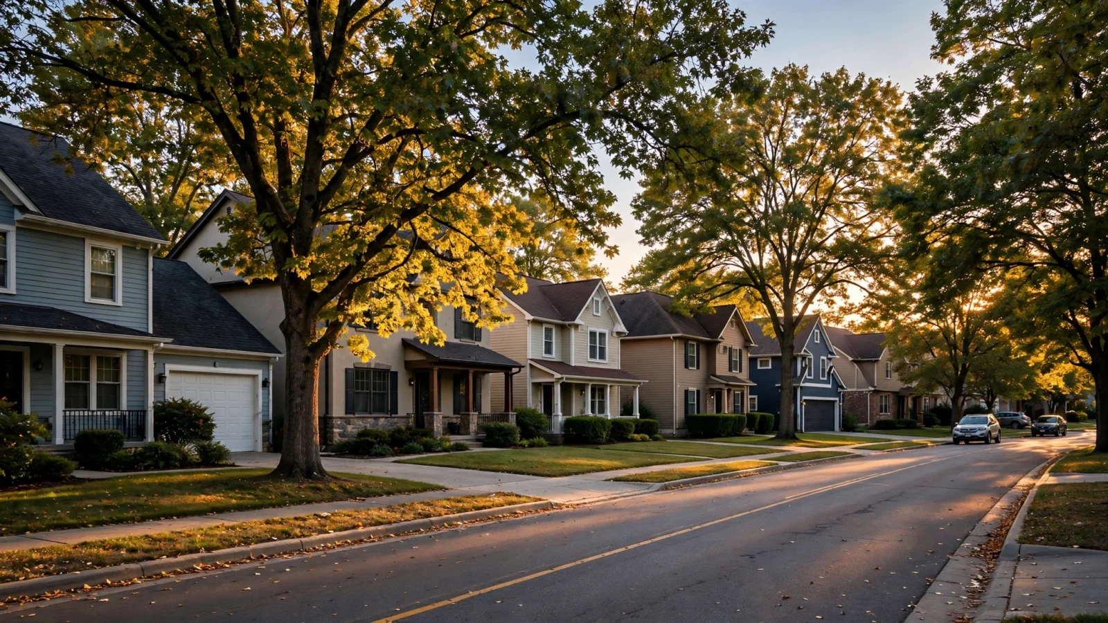 A row of suburban single-family homes on a tree-lined street at golden hour