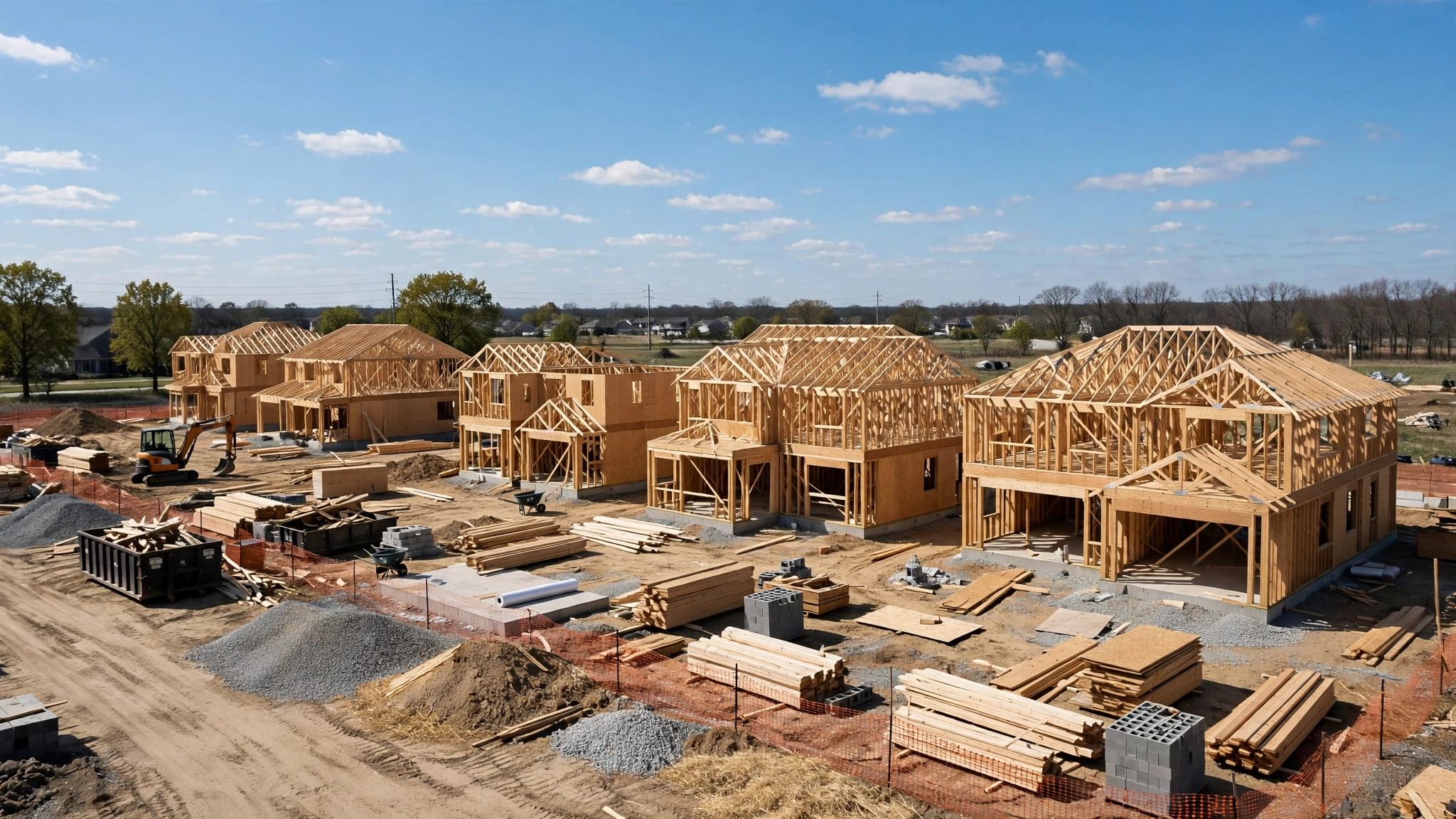 Wooden framing of new single-family homes under construction at a residential building site