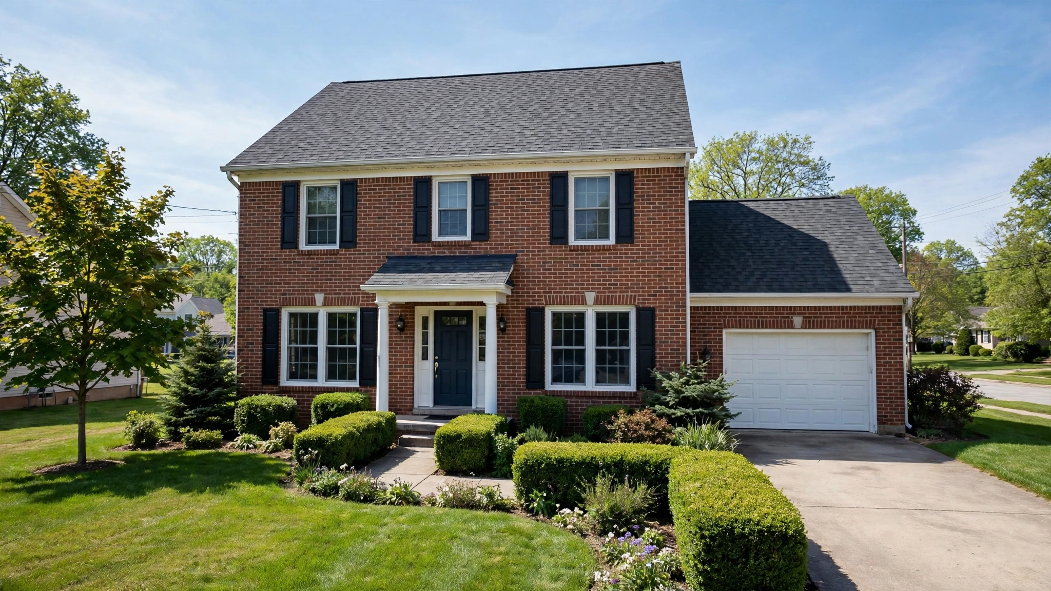 A brick suburban house exterior with a tidy front lawn on a sunny day