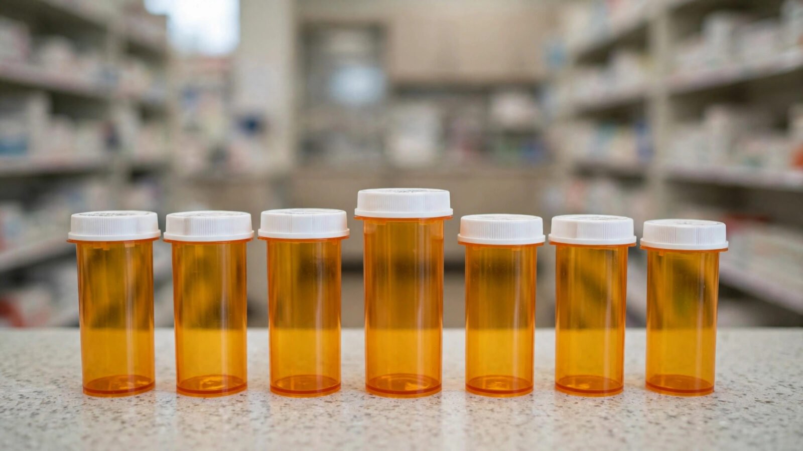 Amber prescription medicine bottles lined up on a pharmacy counter with blurred shelves behind.