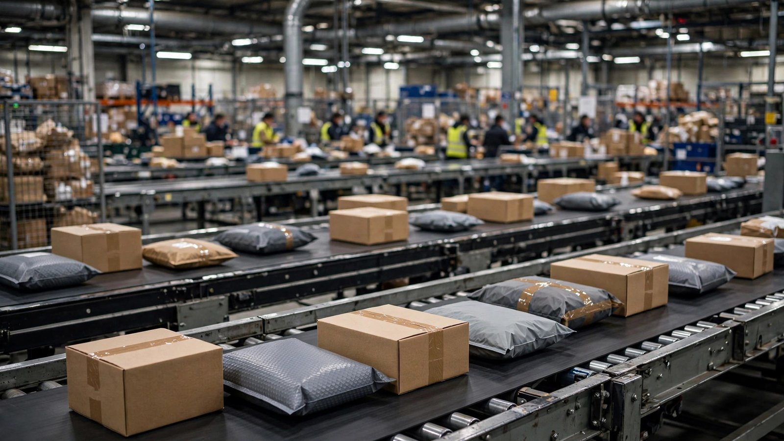 Parcels and packages moving on conveyor belts inside a postal sorting facility.