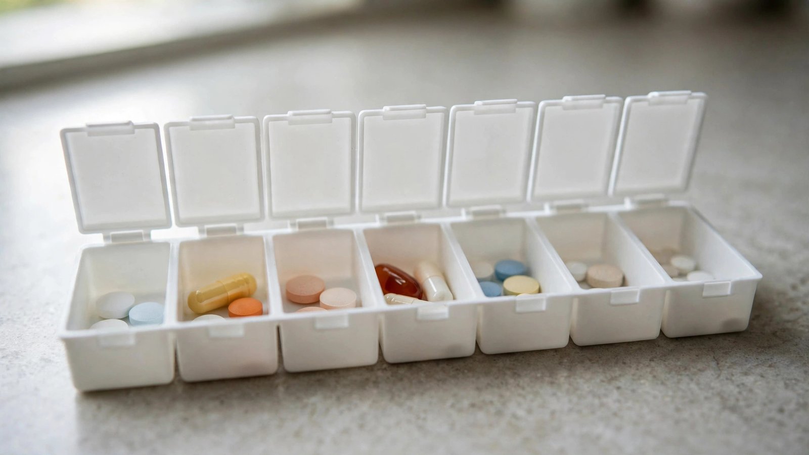 A weekly pill organizer with tablets in its compartments on a counter.