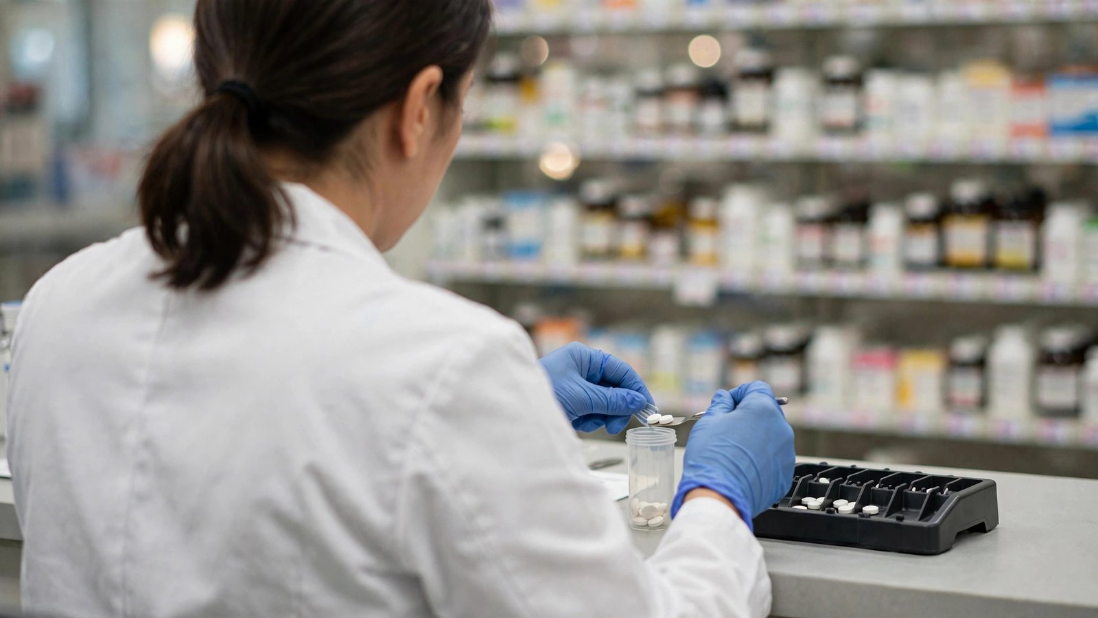 A pharmacist seen from behind preparing a prescription at a pharmacy counter.