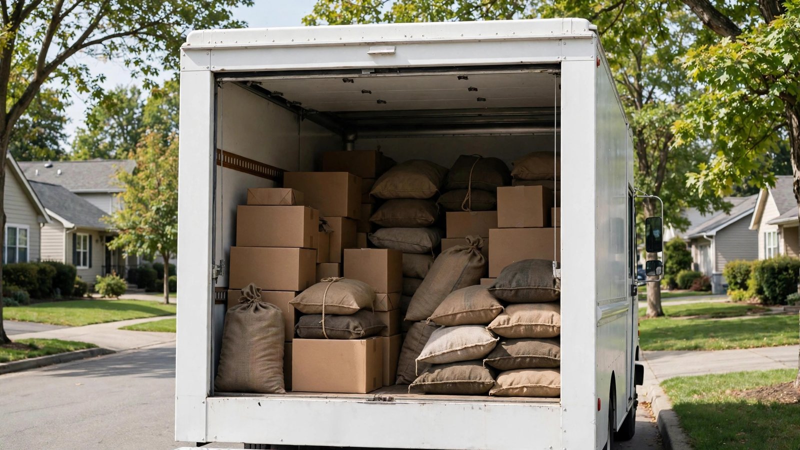 A mail truck with its cargo door open, showing stacked parcels and mail sacks inside.