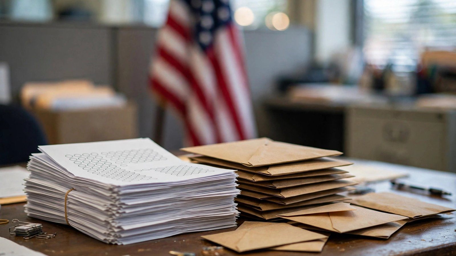 Stacks of paper ballots and envelopes on a table in an election office with a blurred American flag behind.