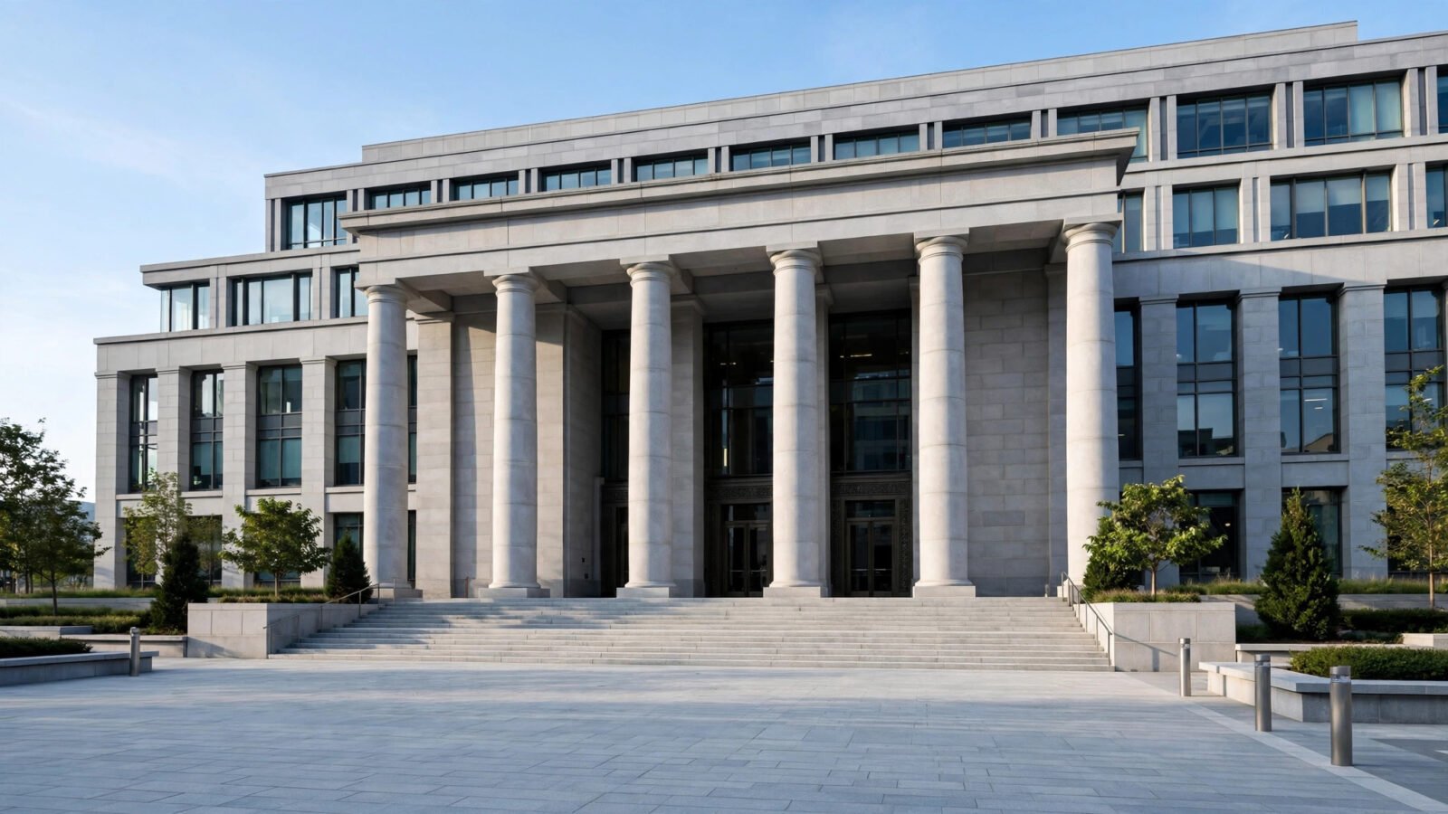 A federal courthouse building with stone columns and wide steps, photographed in the morning.