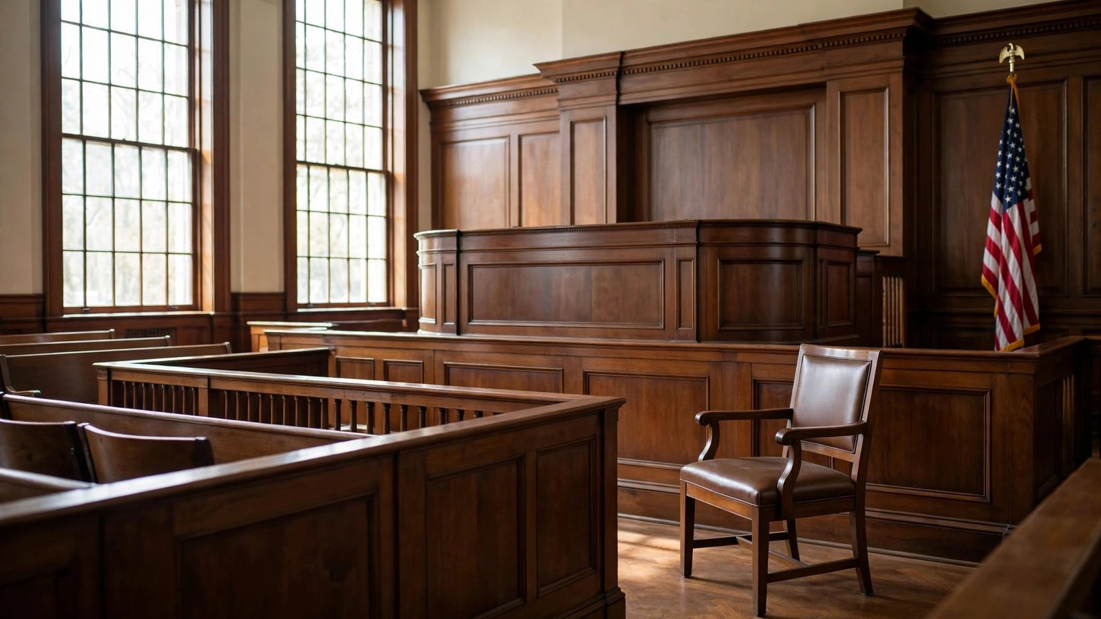 An empty courtroom with a wooden judge's bench, a witness chair, and an American flag.