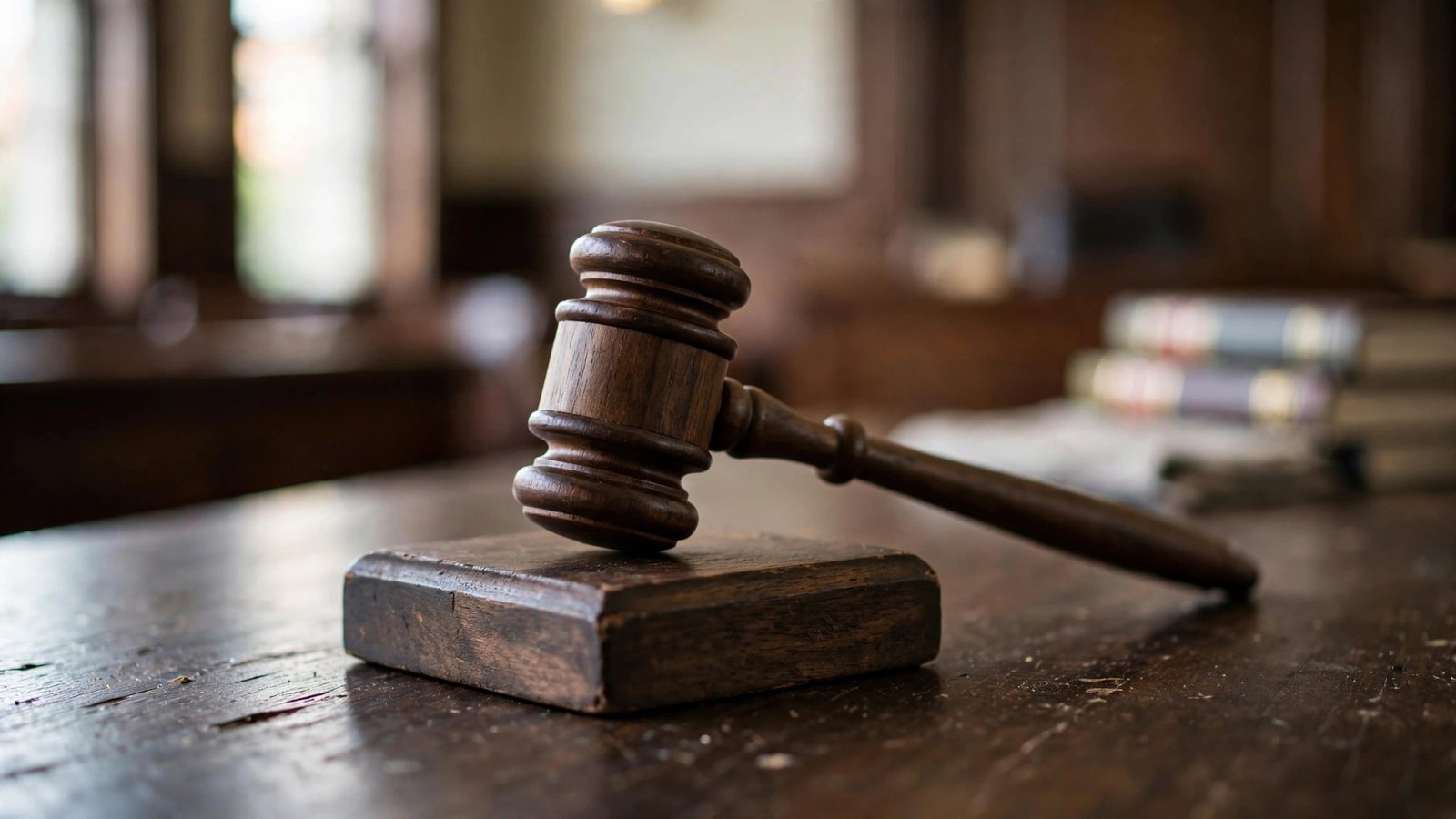 A wooden judge's gavel and sound block on a courtroom desk.