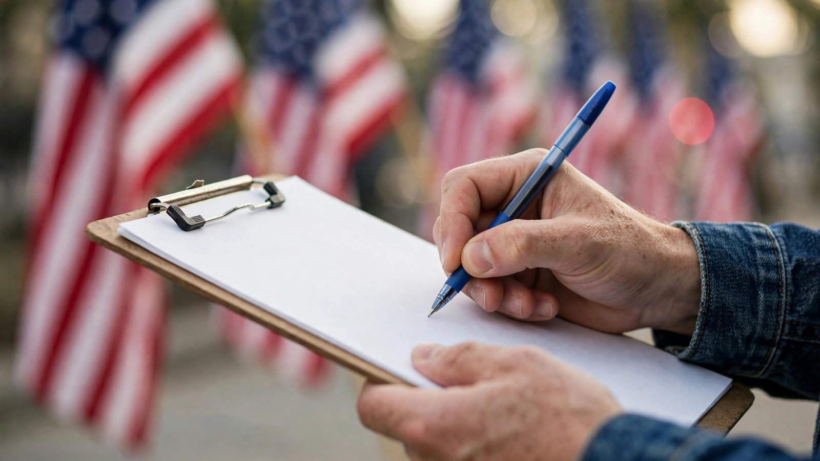 A person's hands signing a paper petition on a clipboard with a pen, with blurred American flags behind.