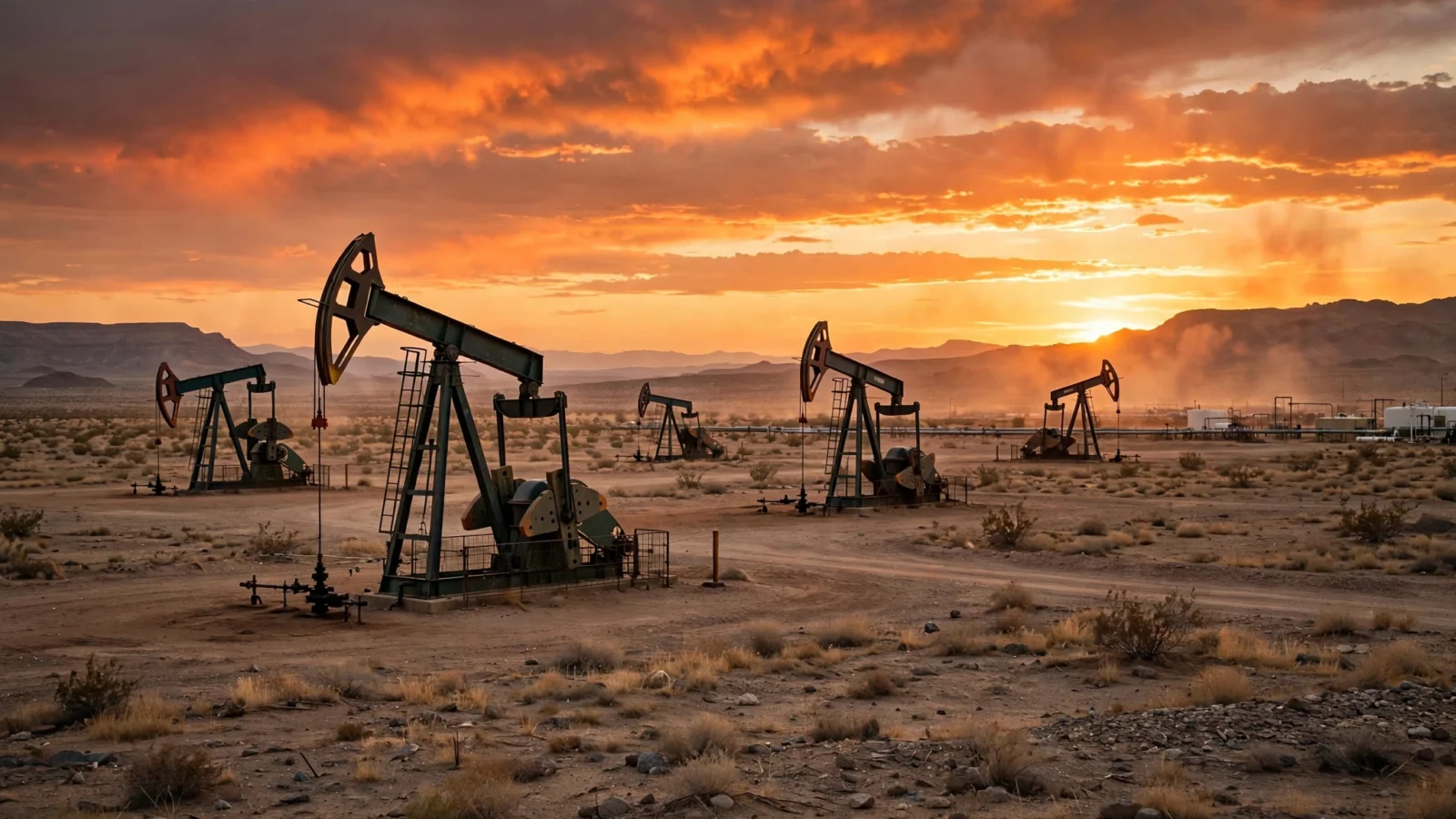 Oil pumpjacks operating across a desert oil field at sunset under an orange sky.