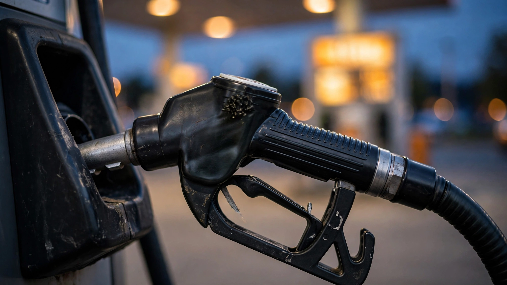 A close-up of a fuel pump nozzle resting in a gas station pump at dusk.