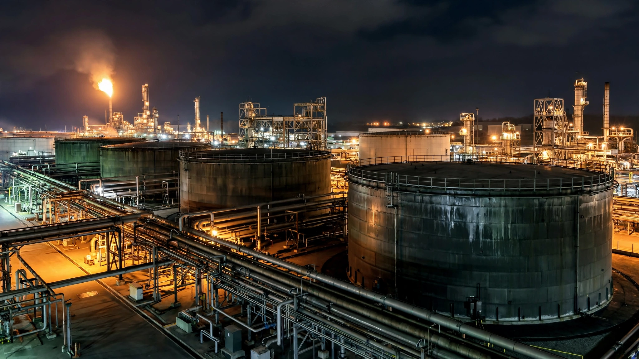Oil storage tanks and refinery structures lit up at night.