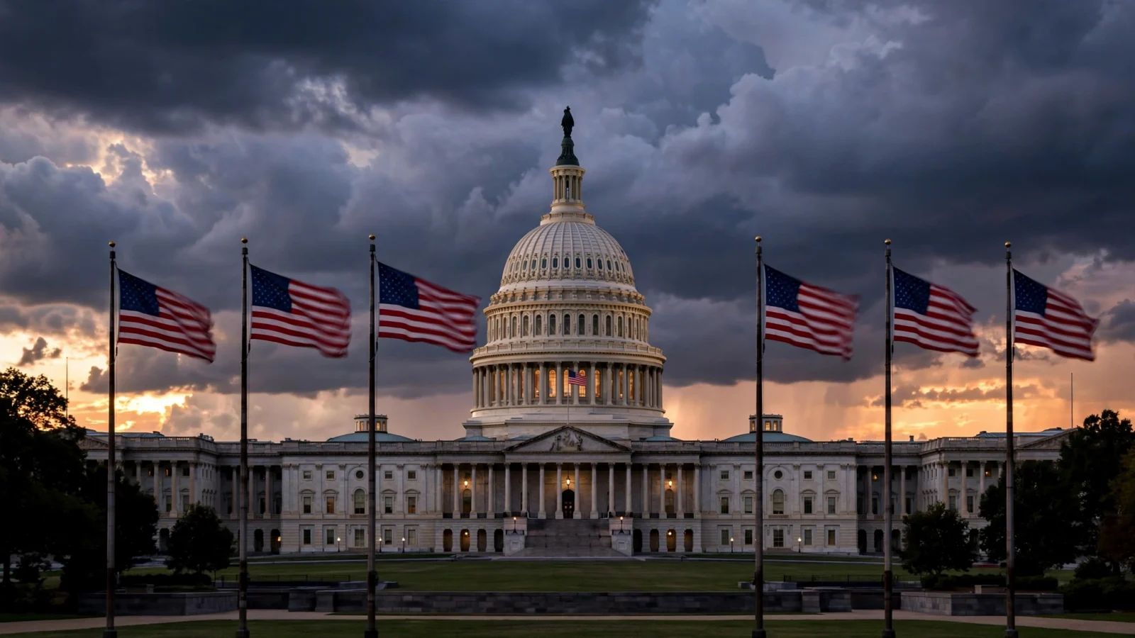 The United States Capitol building at dusk with rows of American flags in the foreground under stormy clouds.