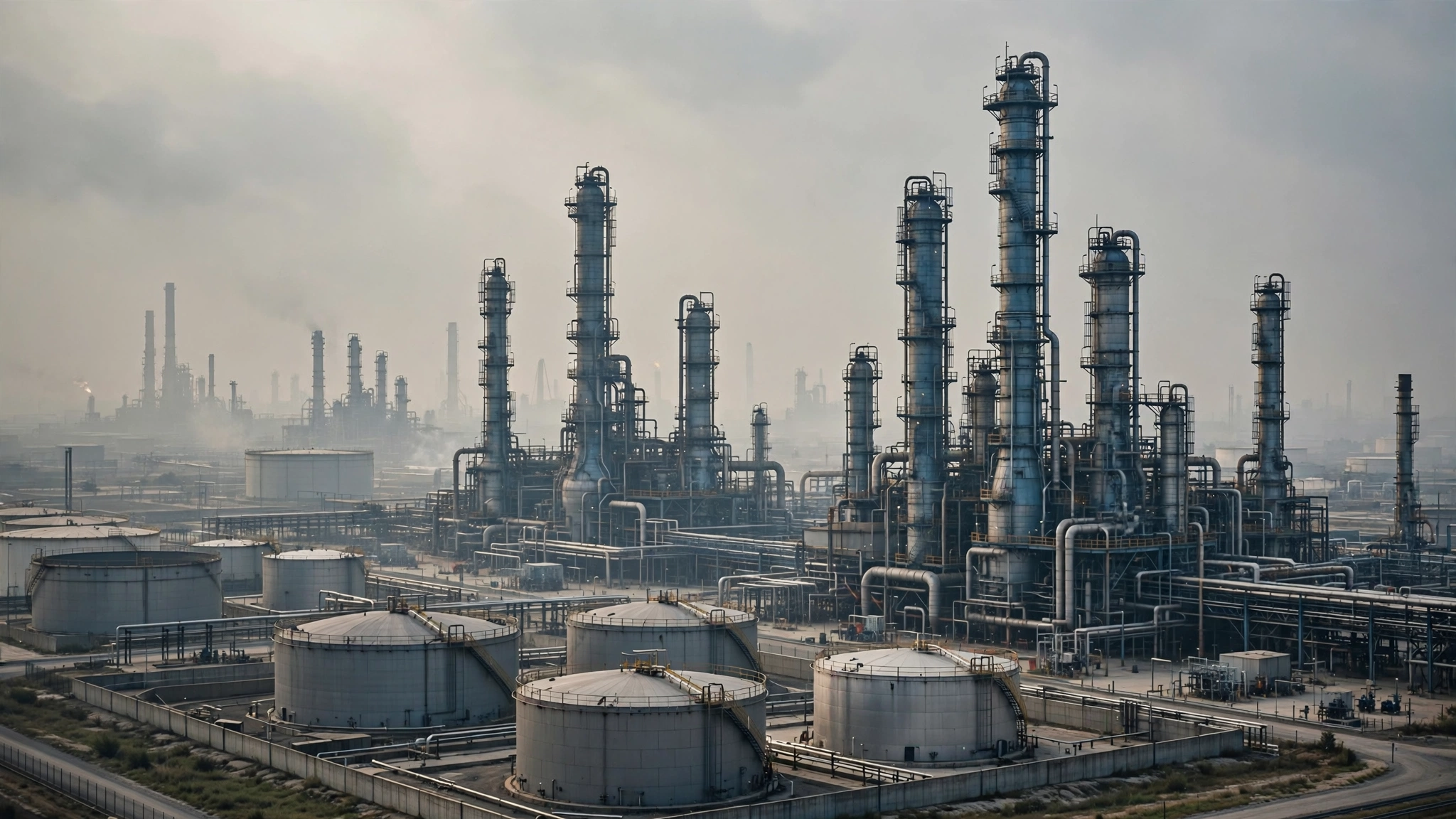 An oil refinery with distillation towers, pipes and large storage tanks under a hazy sky.