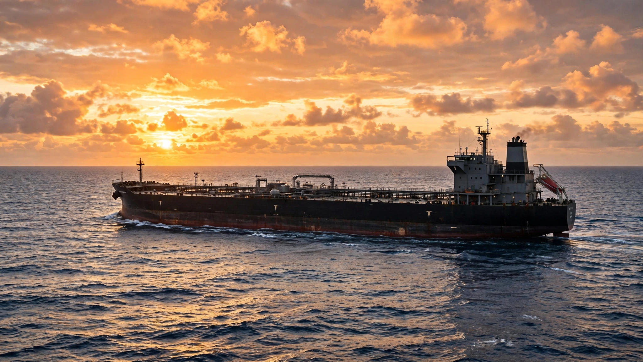 A large crude oil tanker ship sailing on the open ocean under an orange sunset sky.