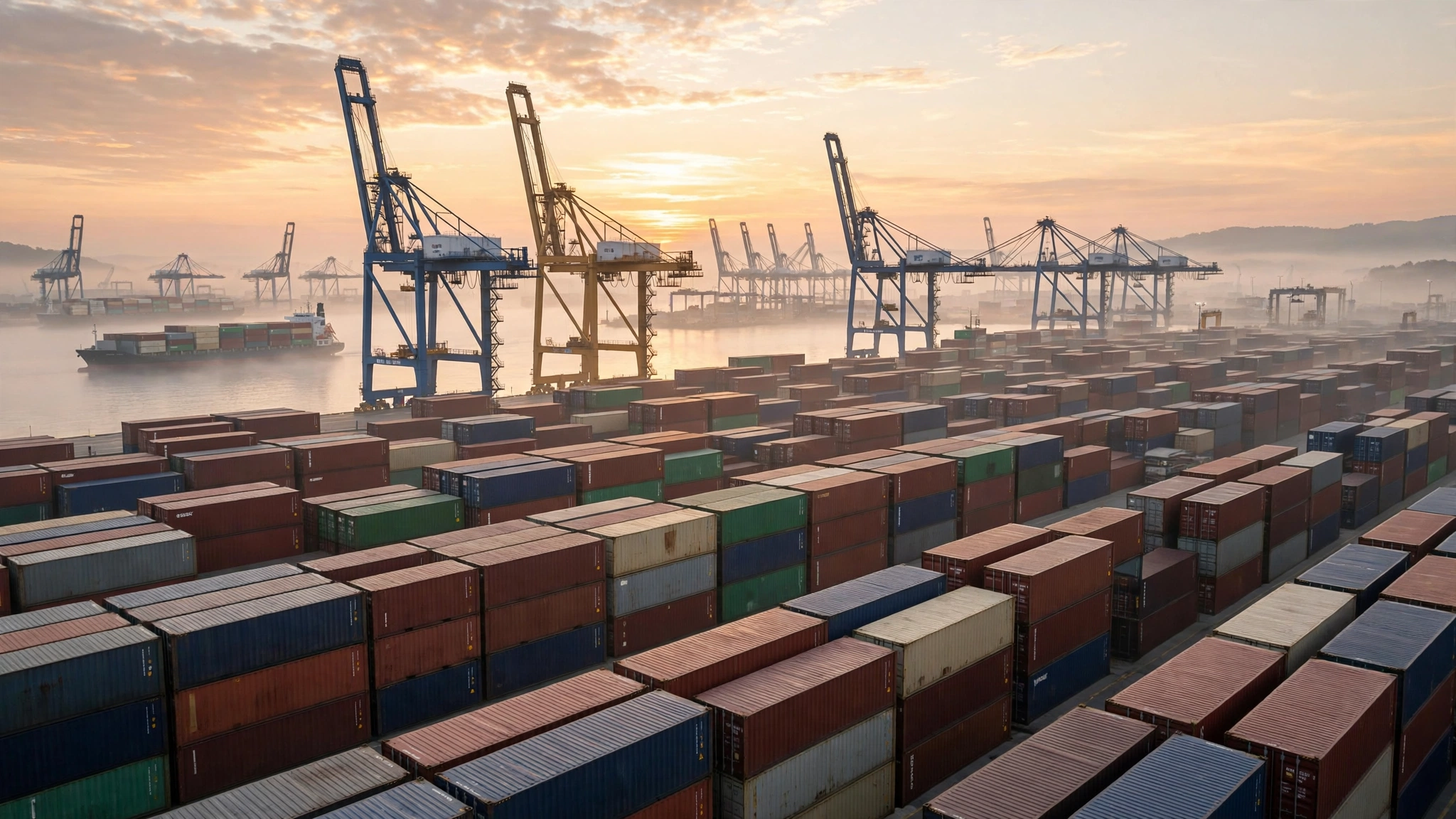 A cargo port at sunrise with gantry cranes and stacked shipping containers, a container ship in the distance.