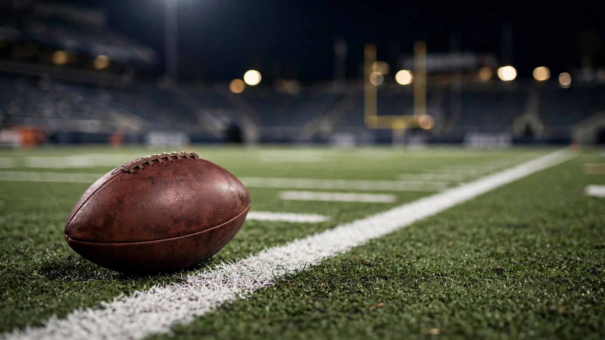 An American football resting on turf beside white yard lines under stadium lights.