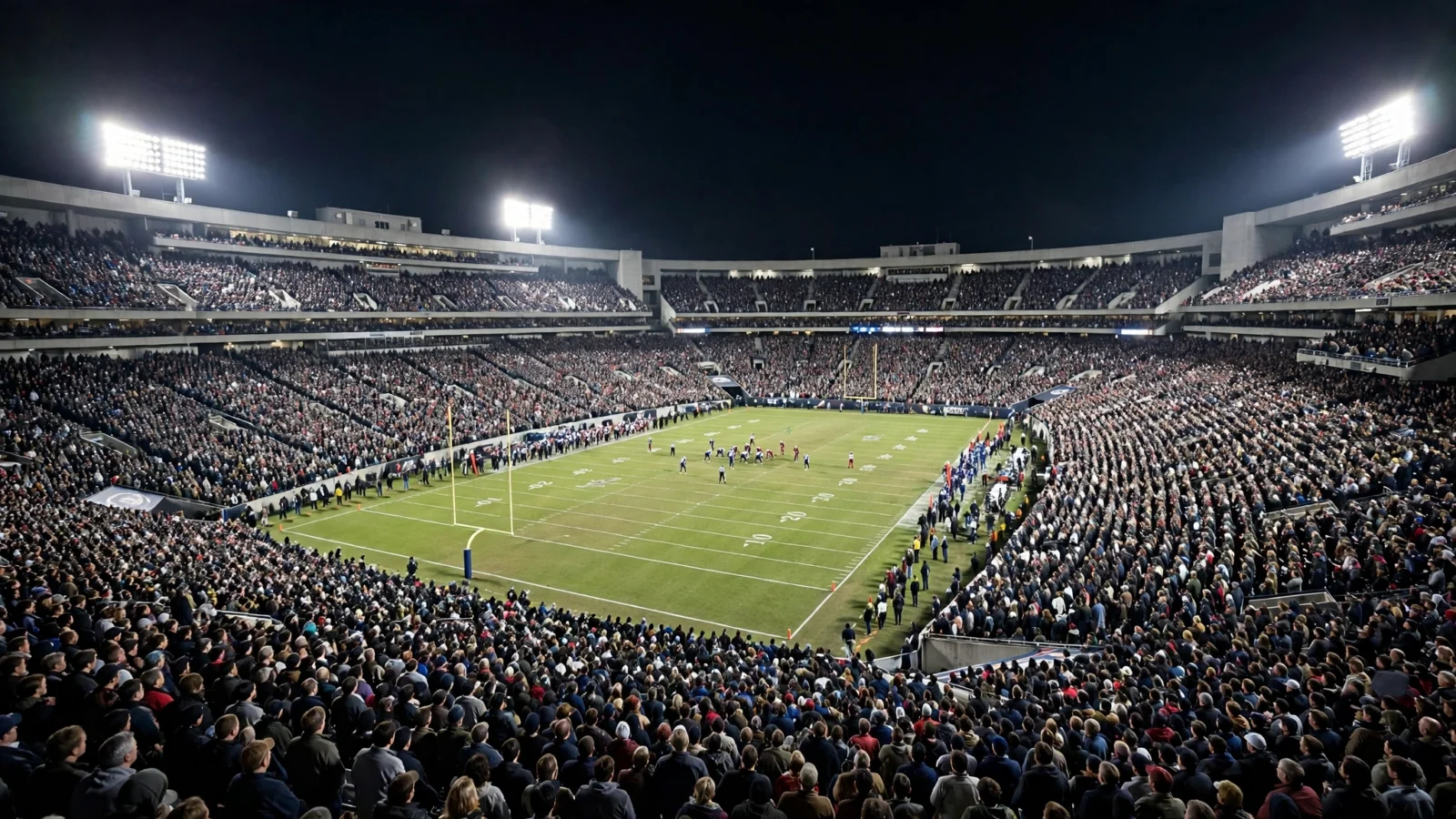 A packed American football stadium at night under bright field lights, viewed from high in the stands.