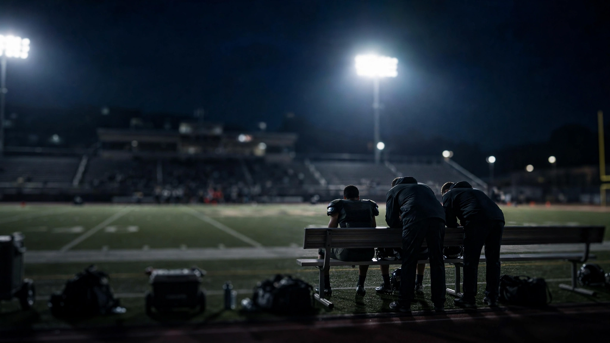 Team training staff checking a seated football player on the bench along the sideline.