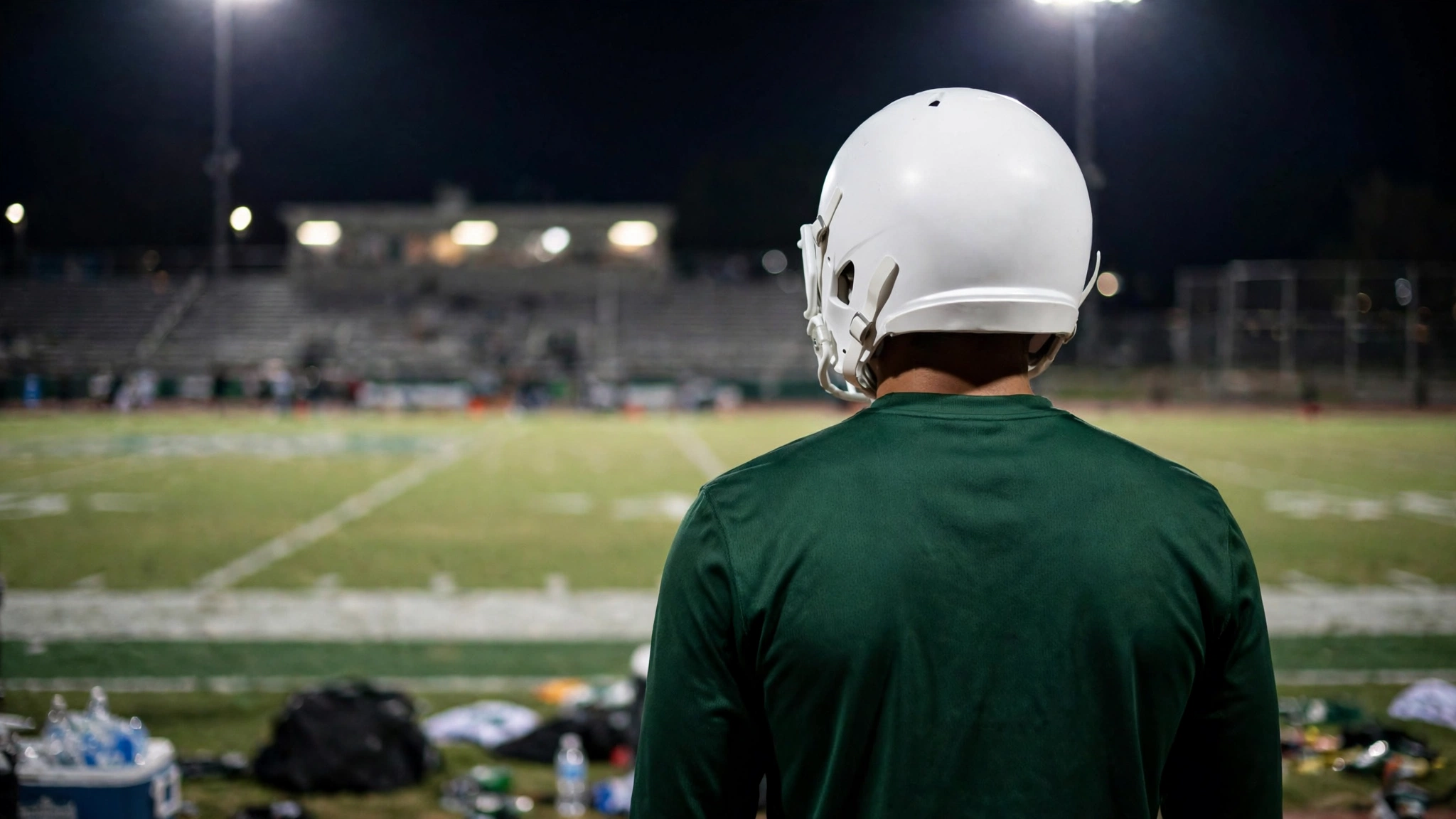 A football player in a dark green jersey and white helmet viewed from behind on the sideline at night.