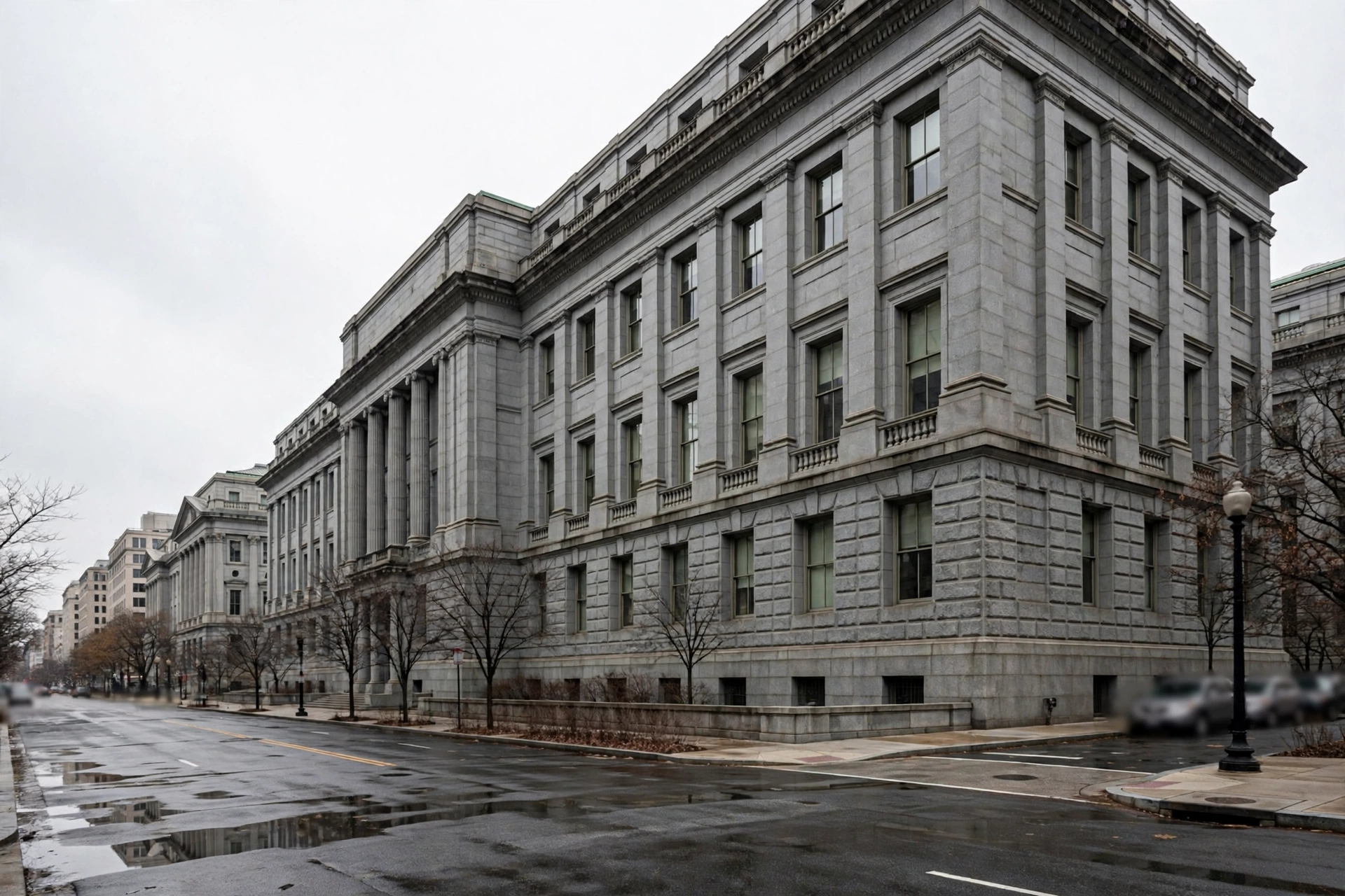 A gray stone federal government building on a street in Washington, D.C.