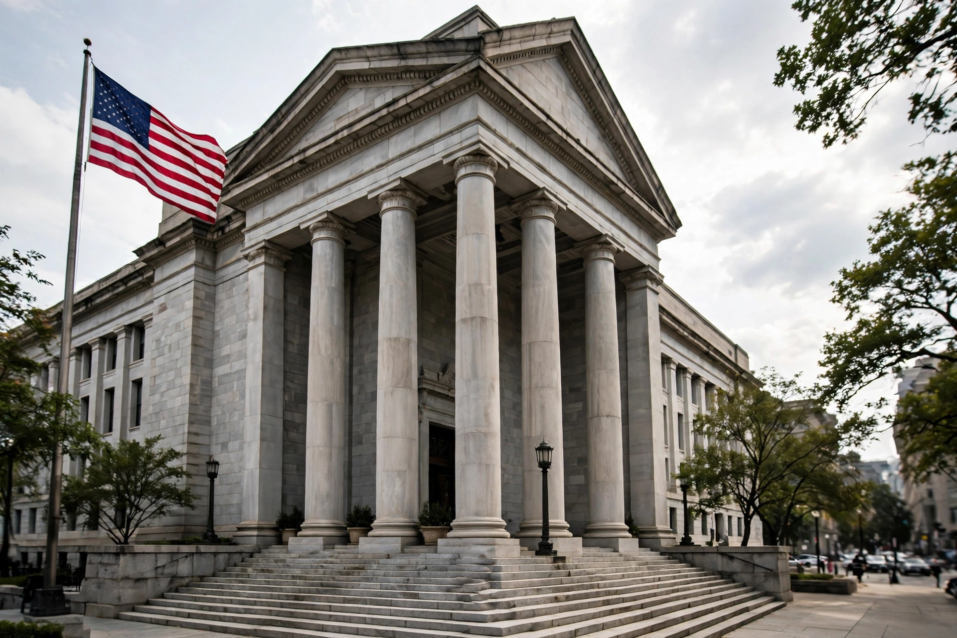 A federal courthouse with tall stone columns and an American flag flying outside.