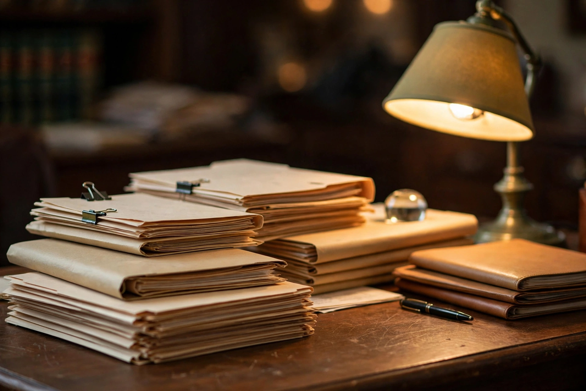 Stacks of manila case files on a law office desk beside a lit desk lamp.