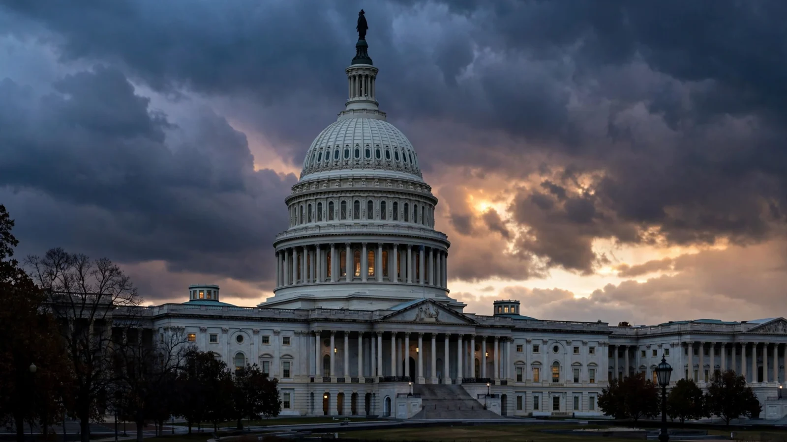 The United States Capitol dome under dramatic evening clouds in Washington, D.C.